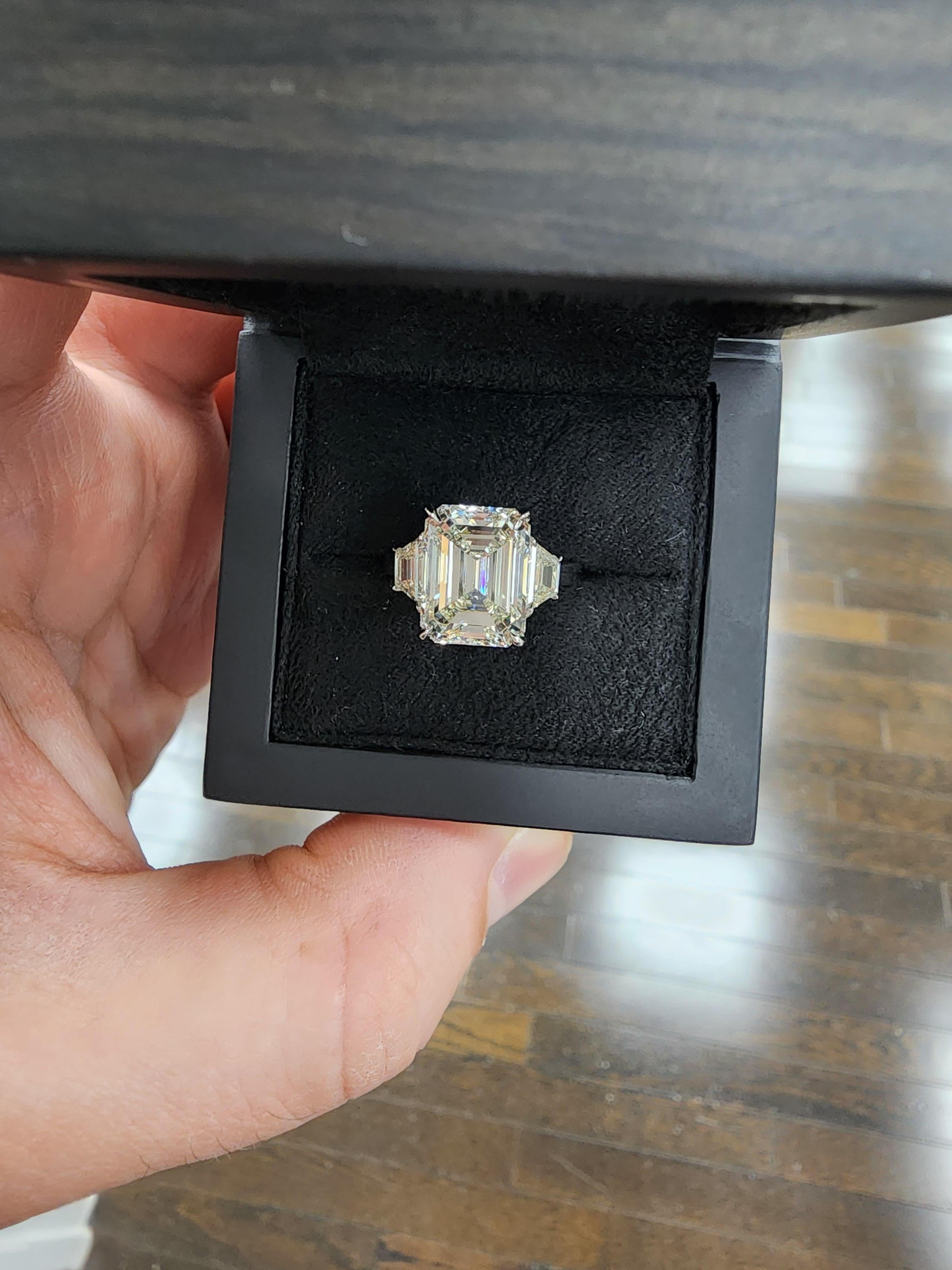 Louis Newman & Co GIA Certified 6.11 Carat Emerald Cut Diamond Three Stone Ring For Sale 2