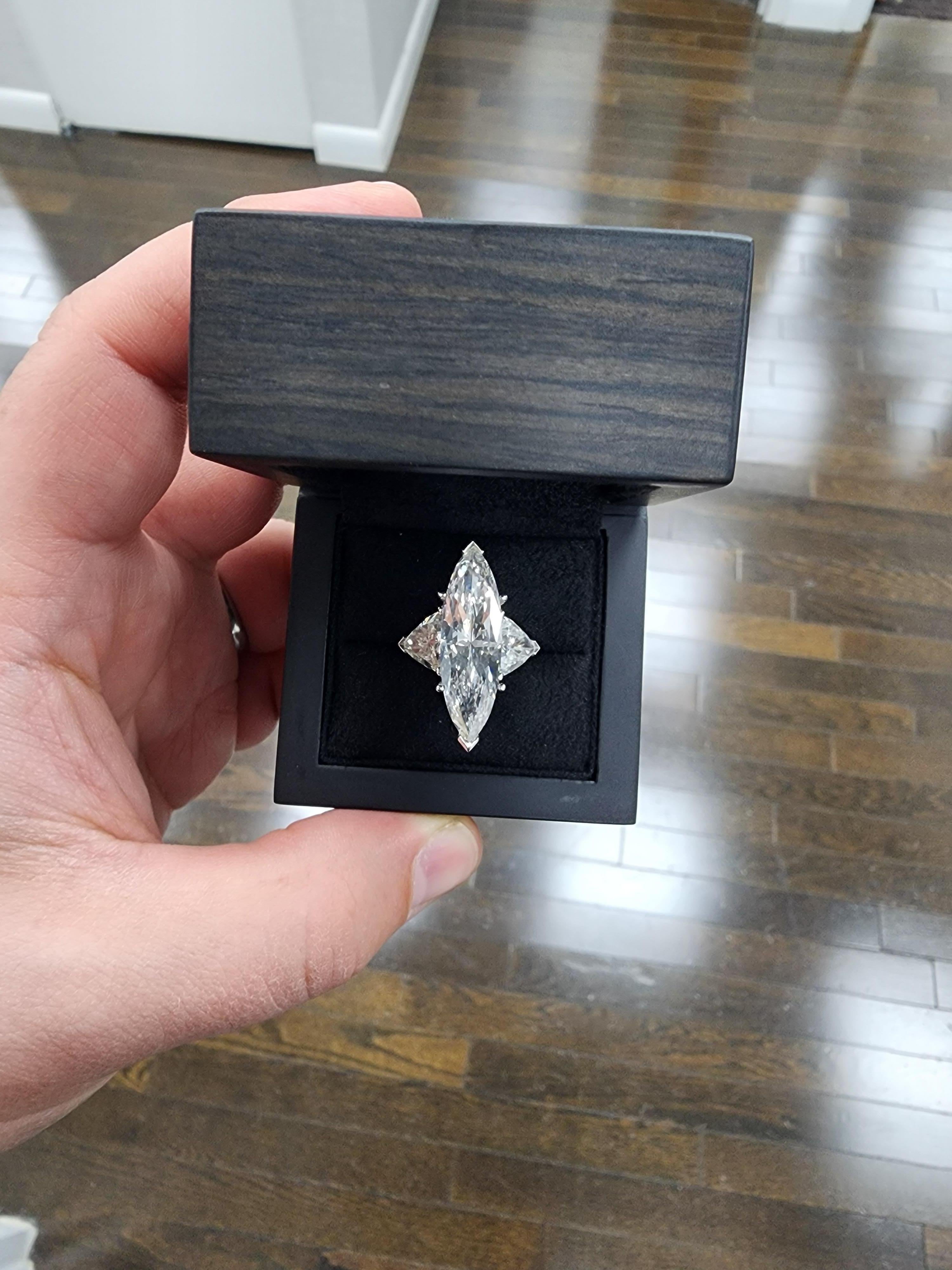 Louis Newman & Co GIA Certified 7.57 Carat Marquise Cut Diamond Three Stone Ring 1