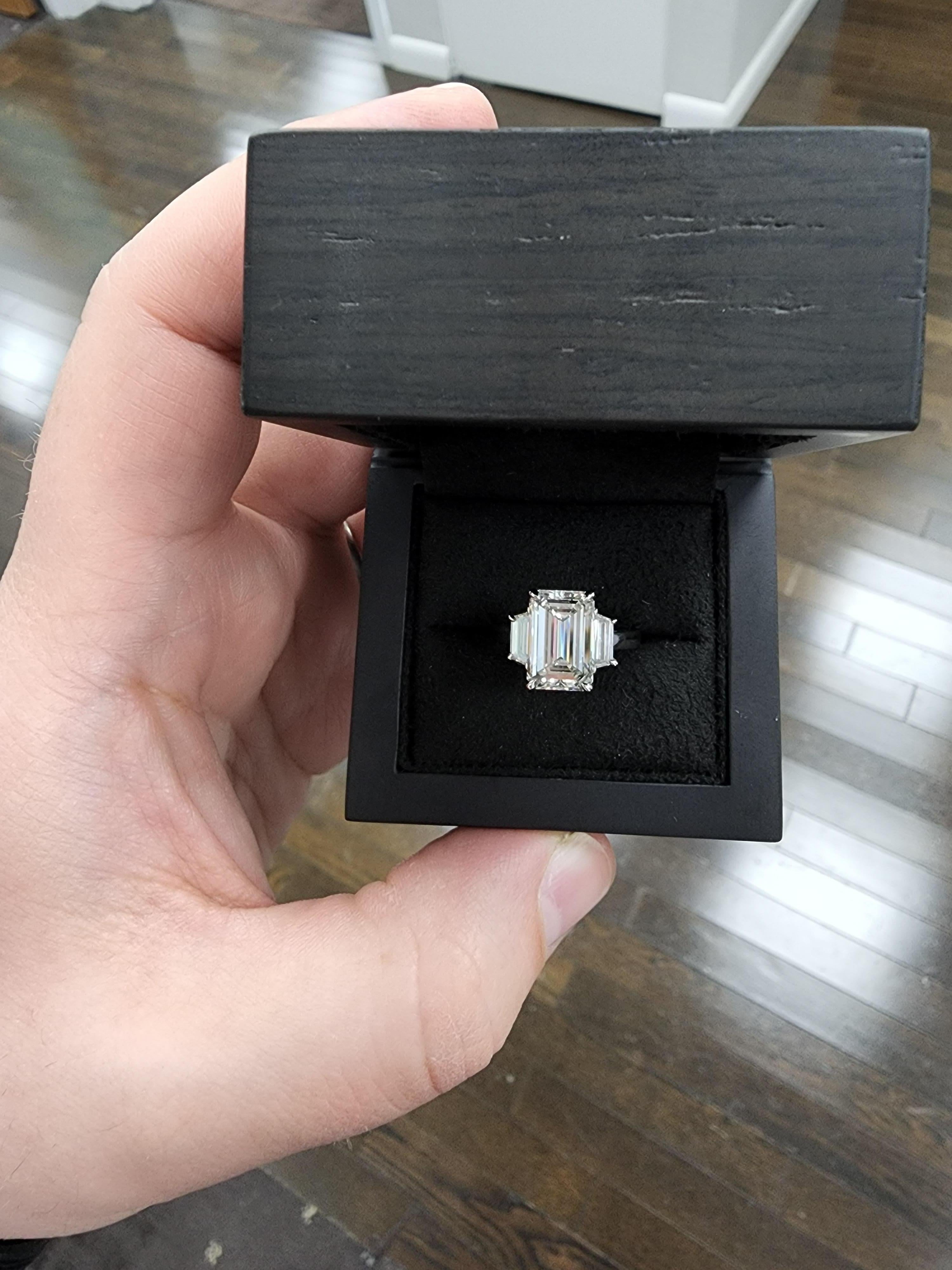 Women's or Men's Louis Newman & Company 4.01 Carat Emerald Cut GIA Diamond Three Stone Ring
