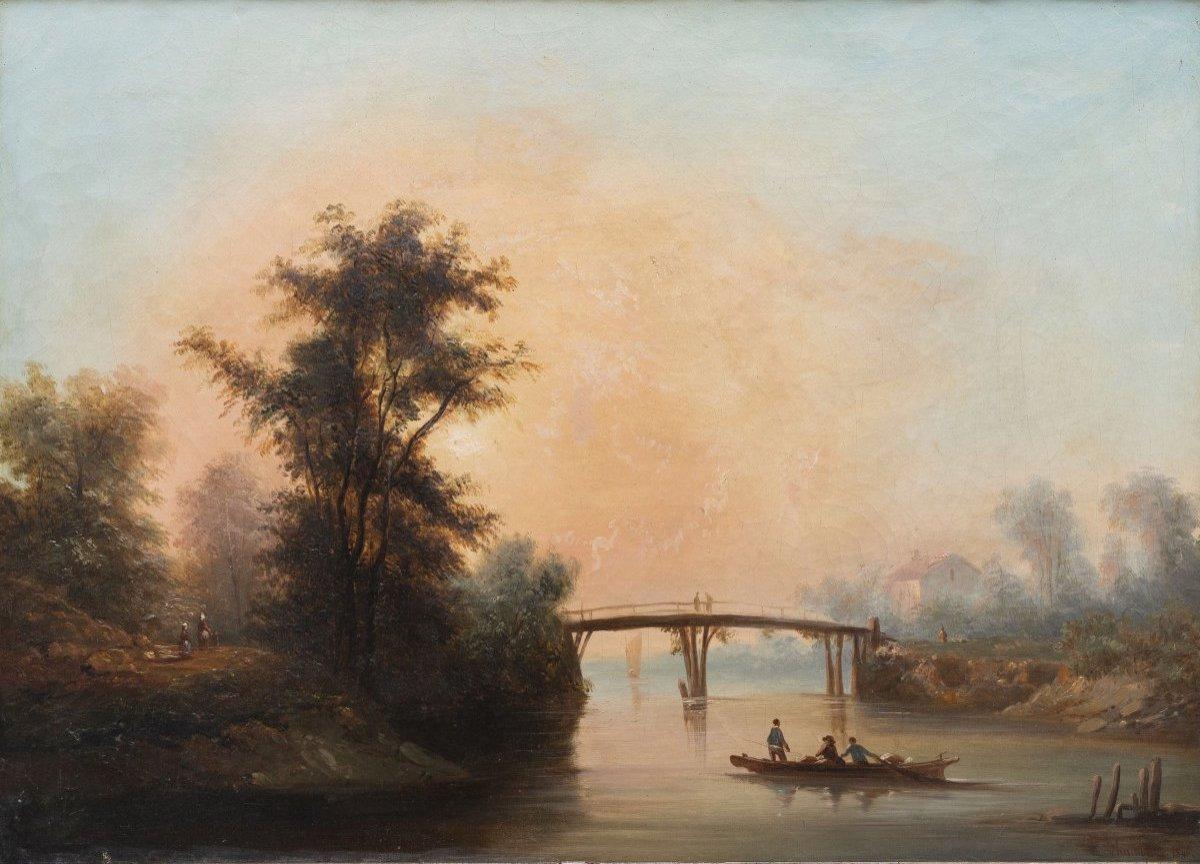 Fischer bei Sonnenuntergang, impressionistisches Original Antikes Ölgemälde auf Leinwand – Painting von Louis Nicolas Chainbaux
