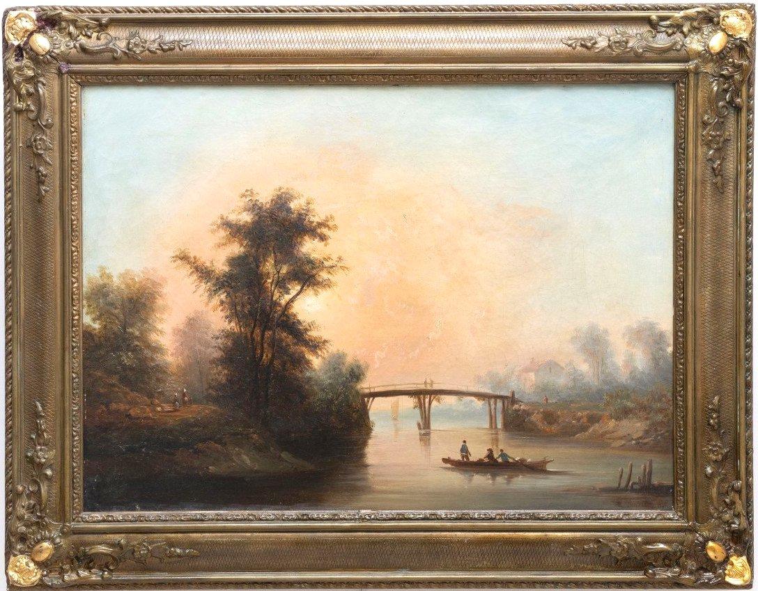 Louis Nicolas Chainbaux Figurative Painting – Fischer bei Sonnenuntergang, impressionistisches Original Antikes Ölgemälde auf Leinwand