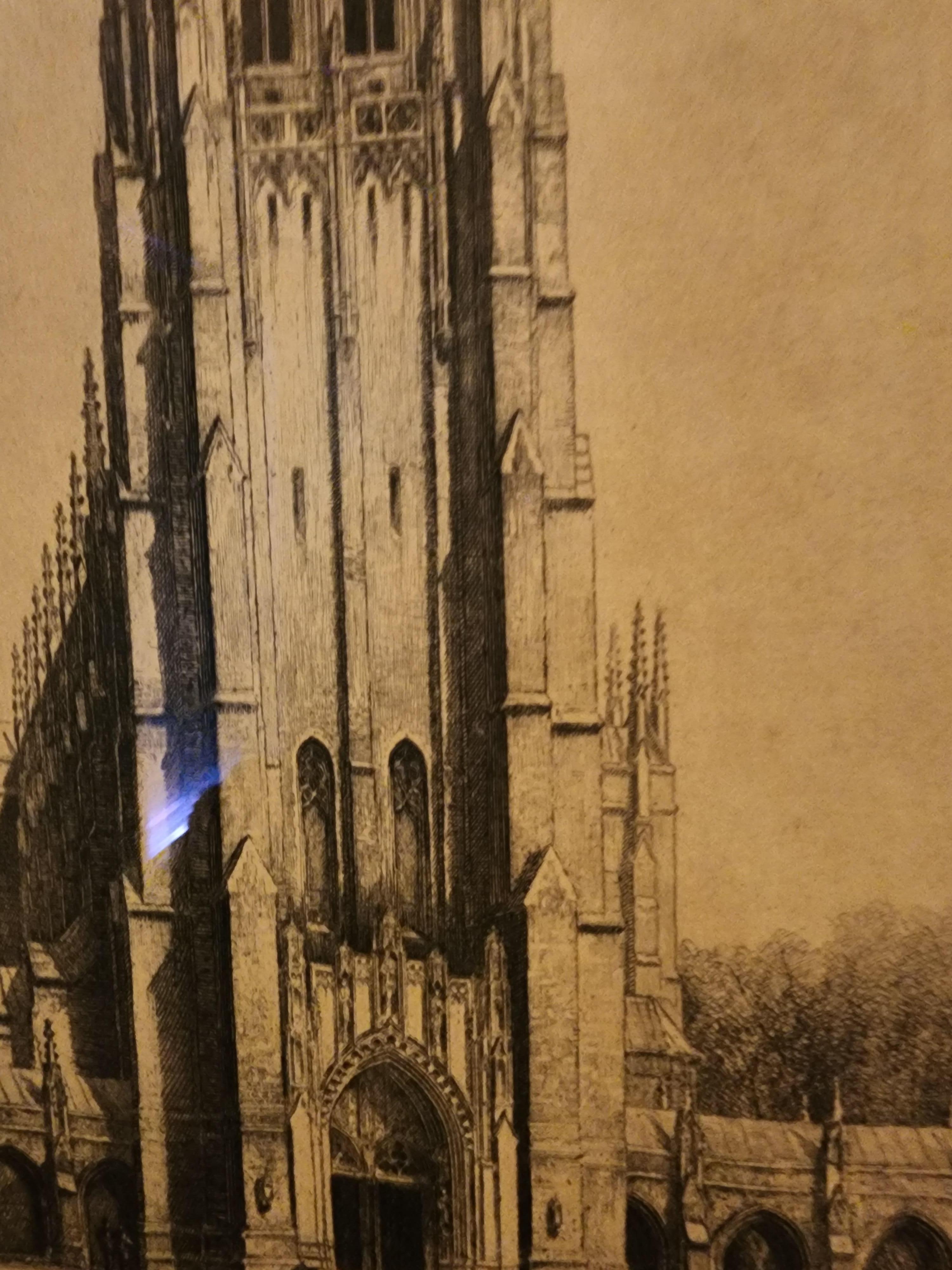 RGRFineArts is pleased to offer the etching The Duke Chapel from the Centennial Edition  of 100 prints.
Excellent condition and nicely framed with Tru Vue ultraviolet filtering glass.
