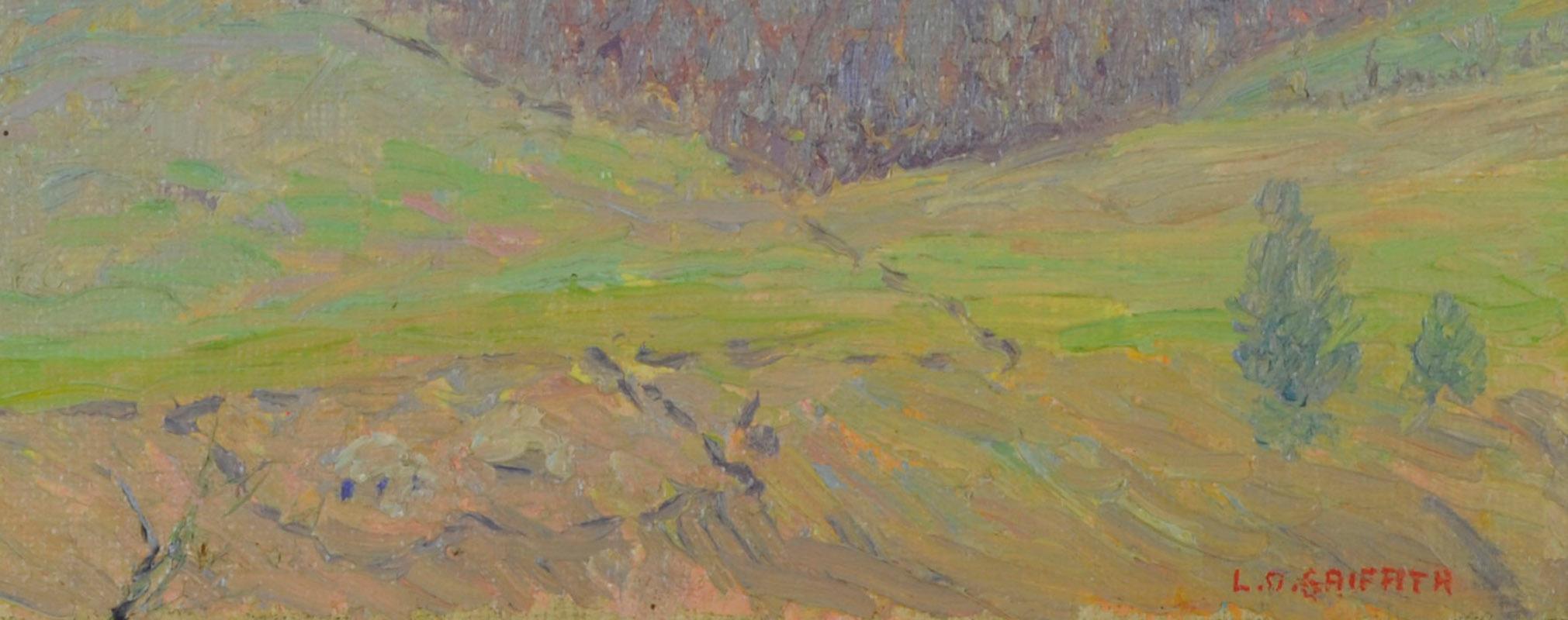 Primavera en el condado de Brown
Óleo sobre lienzo montado sobre soporte de resina fenólica, c. 1925
Firmado abajo a la derecha: L. O. Griffith (ver foto)
Estado: Excelente
Tamaño del cuadro: 10 x 13 3/4 pulgadas
Tamaño del marco: 14-1/2 x 18 x 2