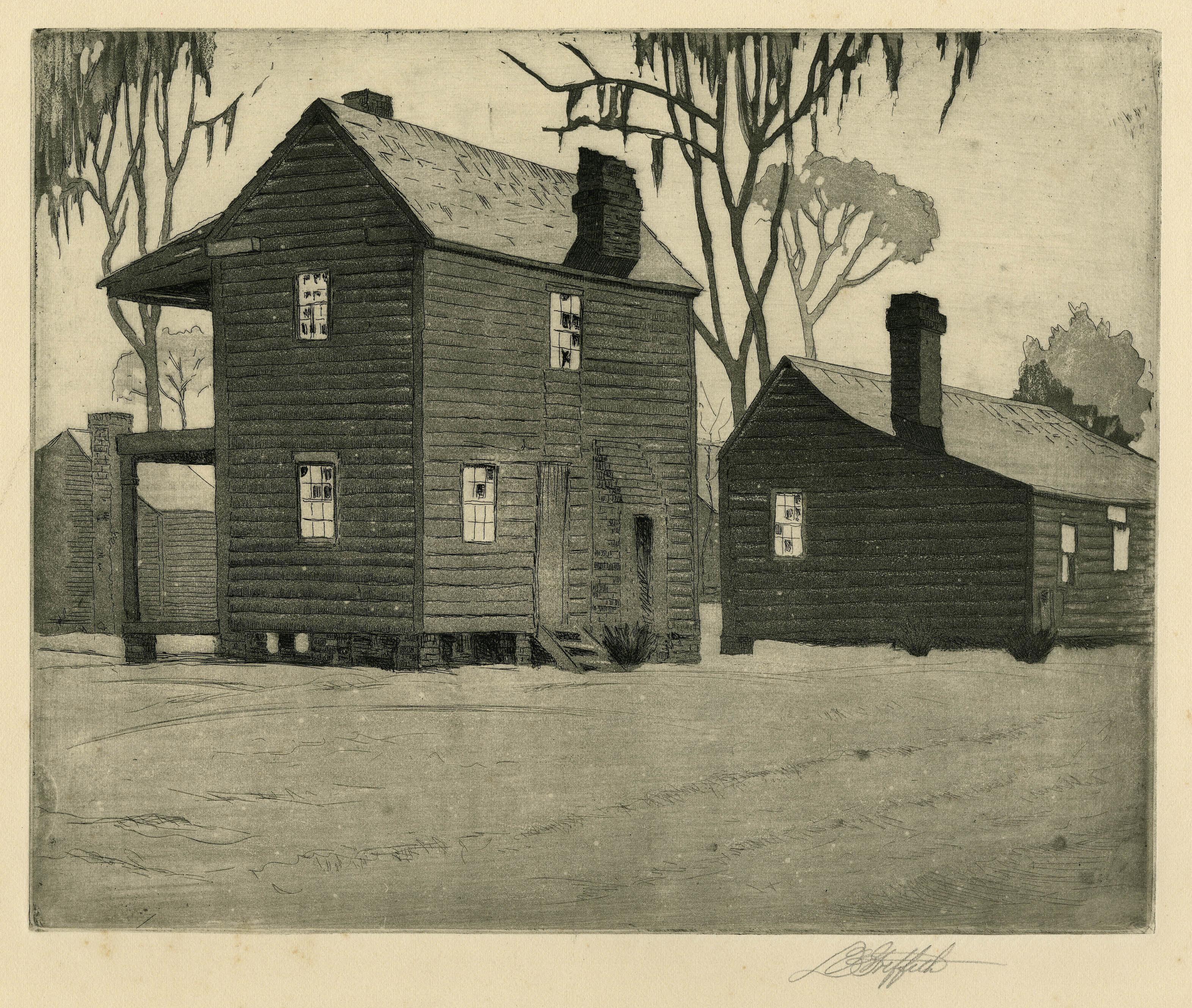 Louis Oscar Griffith Landscape Print – Desolation, S.C. oder Deserted Cabins, Beauford, S.C.