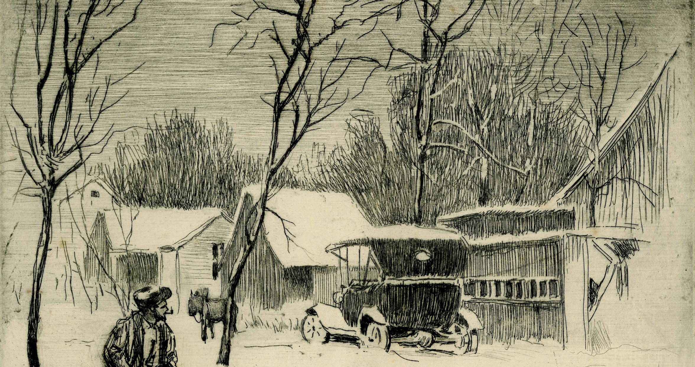 Nashville en invierno
Aguafuerte, c. 1928
Firmado a lápiz abajo a la derecha (ver foto)
Edición muy pequeña
Una rara imagen de los primeros tiempos de Nashville, Indiana
Excelente impresión con el tono de la plancha en el cielo
Primer estado antes
