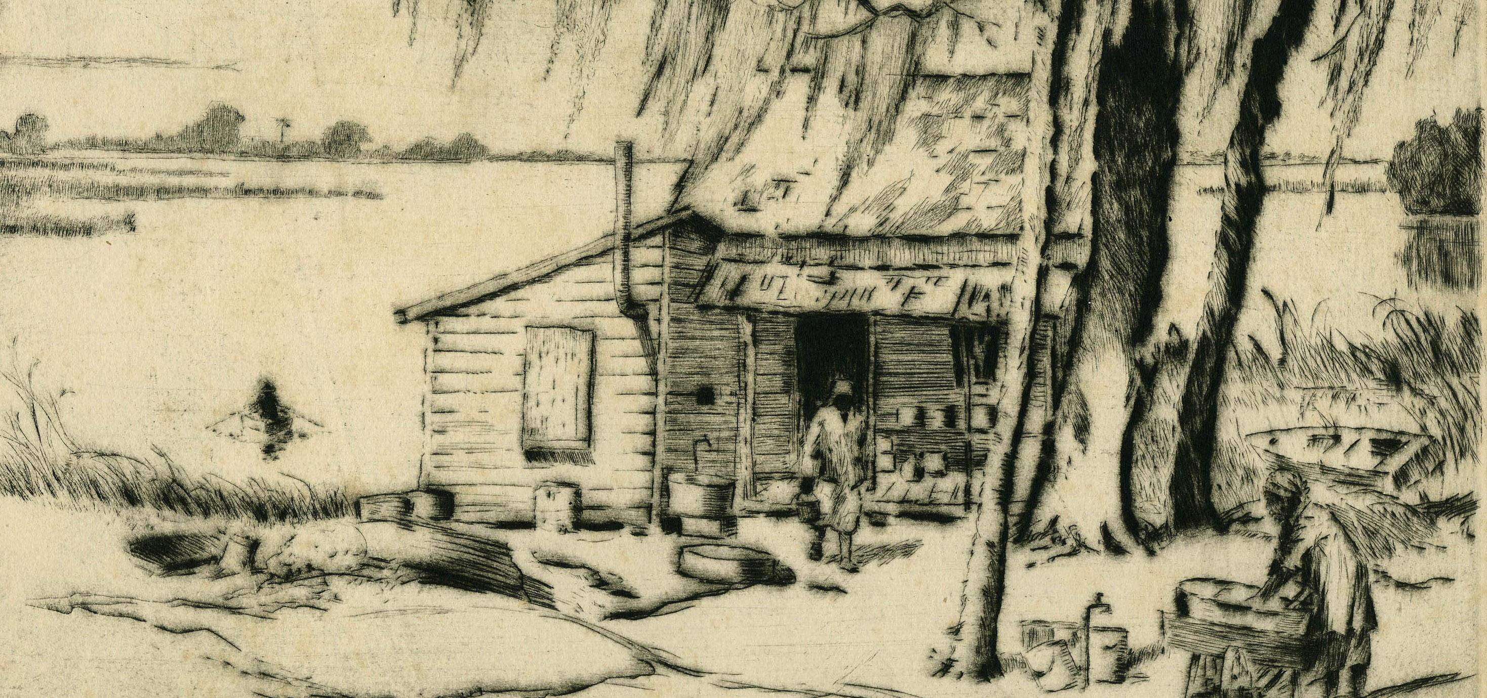 Rustic Beauford S.C.
Etching and drypoint on Vidalon paper, c. 1930's
Created during the artist's two visits to South Carolina.
Signed by the artist in pencil lower right
Titled in pencil lower left
Annotated in pencil lower left corner of sheet: