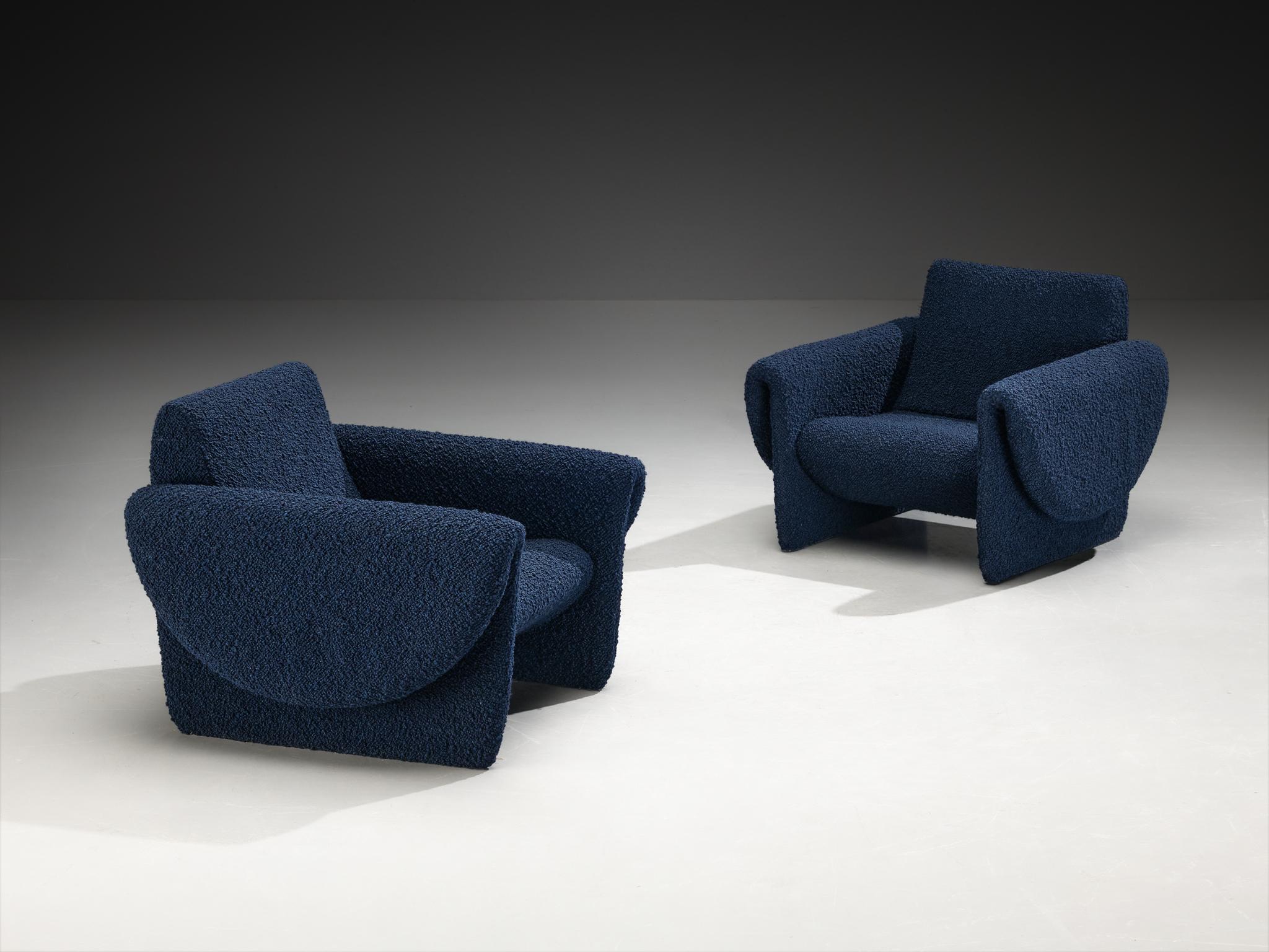 Paar Loungesessel „Rondo“ von Louis Paolozzi für Zol aus dunkelblauem Bouclé (Italienisch) im Angebot