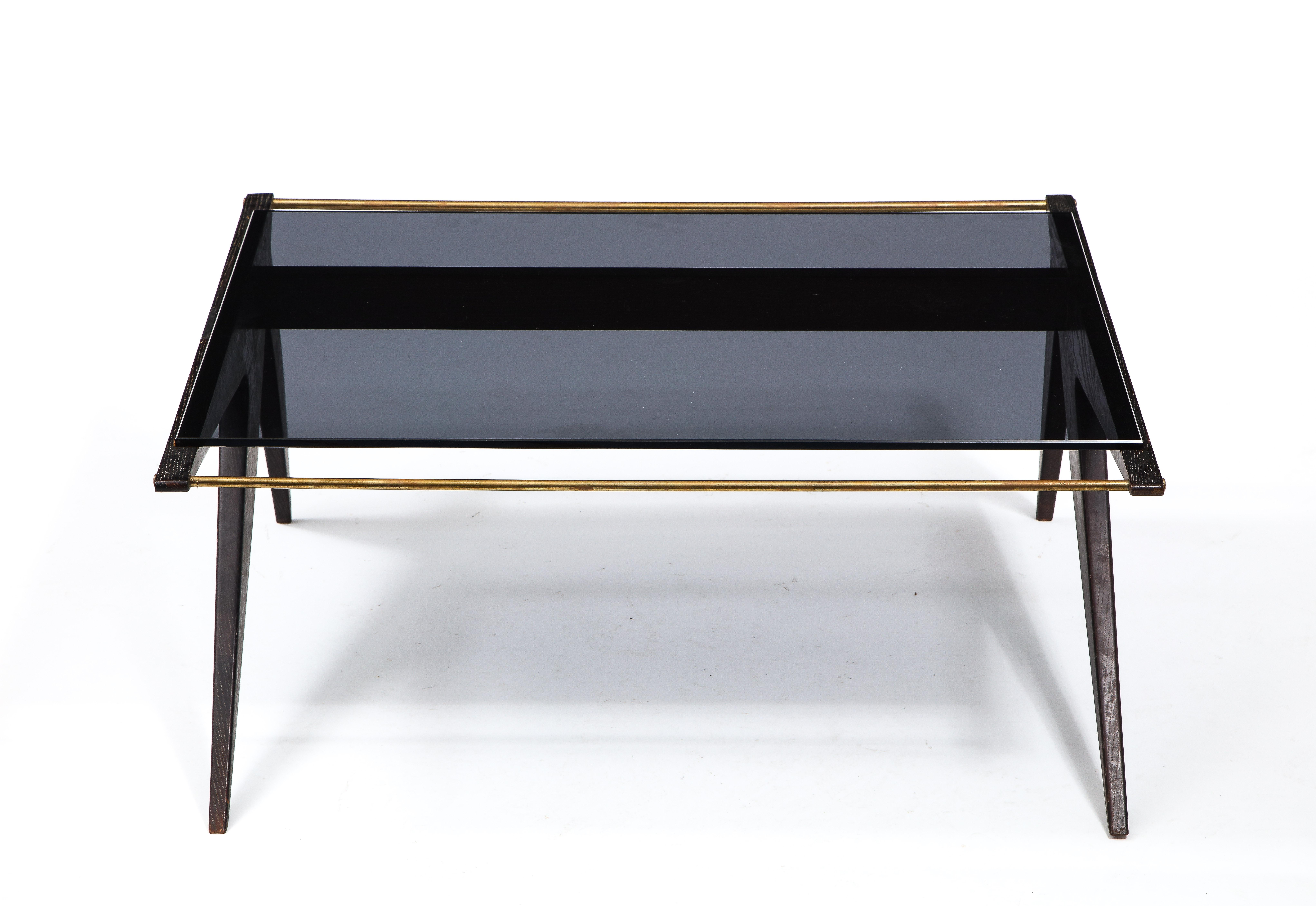 Louis Paolozzi Oak & Smoked Glass Angular Pair of Coffee Tables, France 1960's For Sale 3