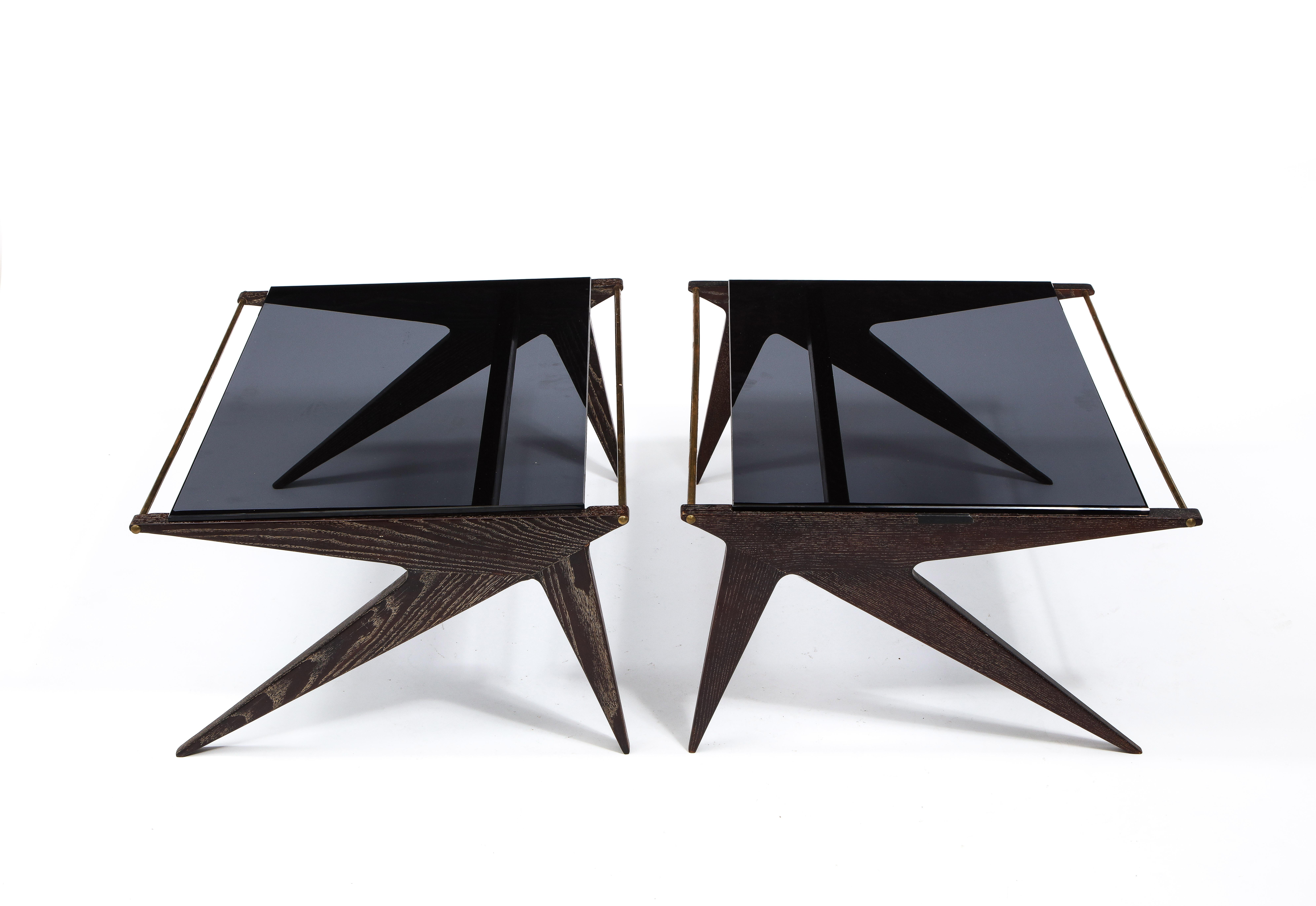 French Louis Paolozzi Oak & Smoked Glass Angular Pair of Coffee Tables, France 1960's For Sale