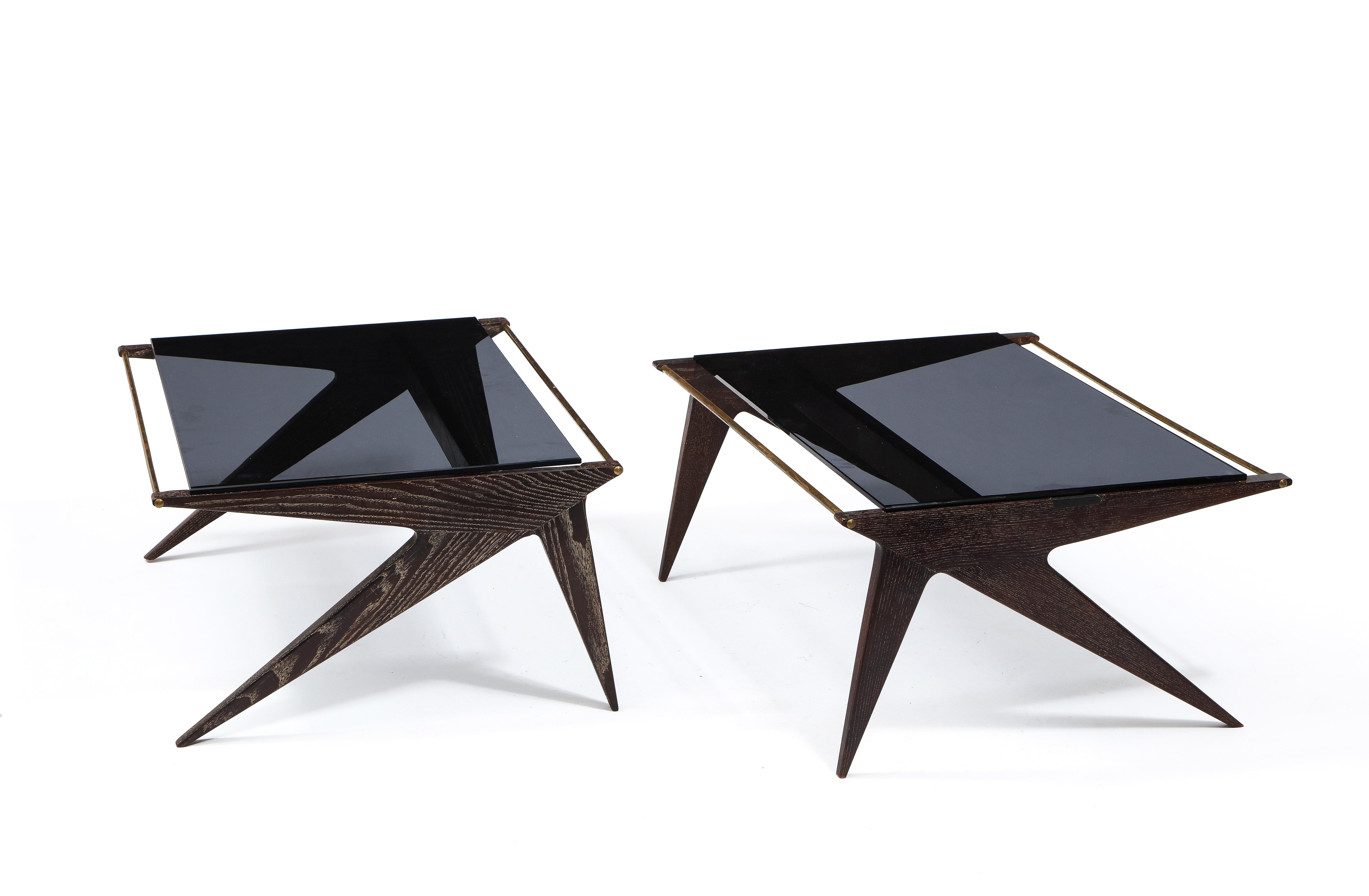 20th Century Louis Paolozzi Oak & Smoked Glass Angular Pair of Coffee Tables, France 1960's For Sale
