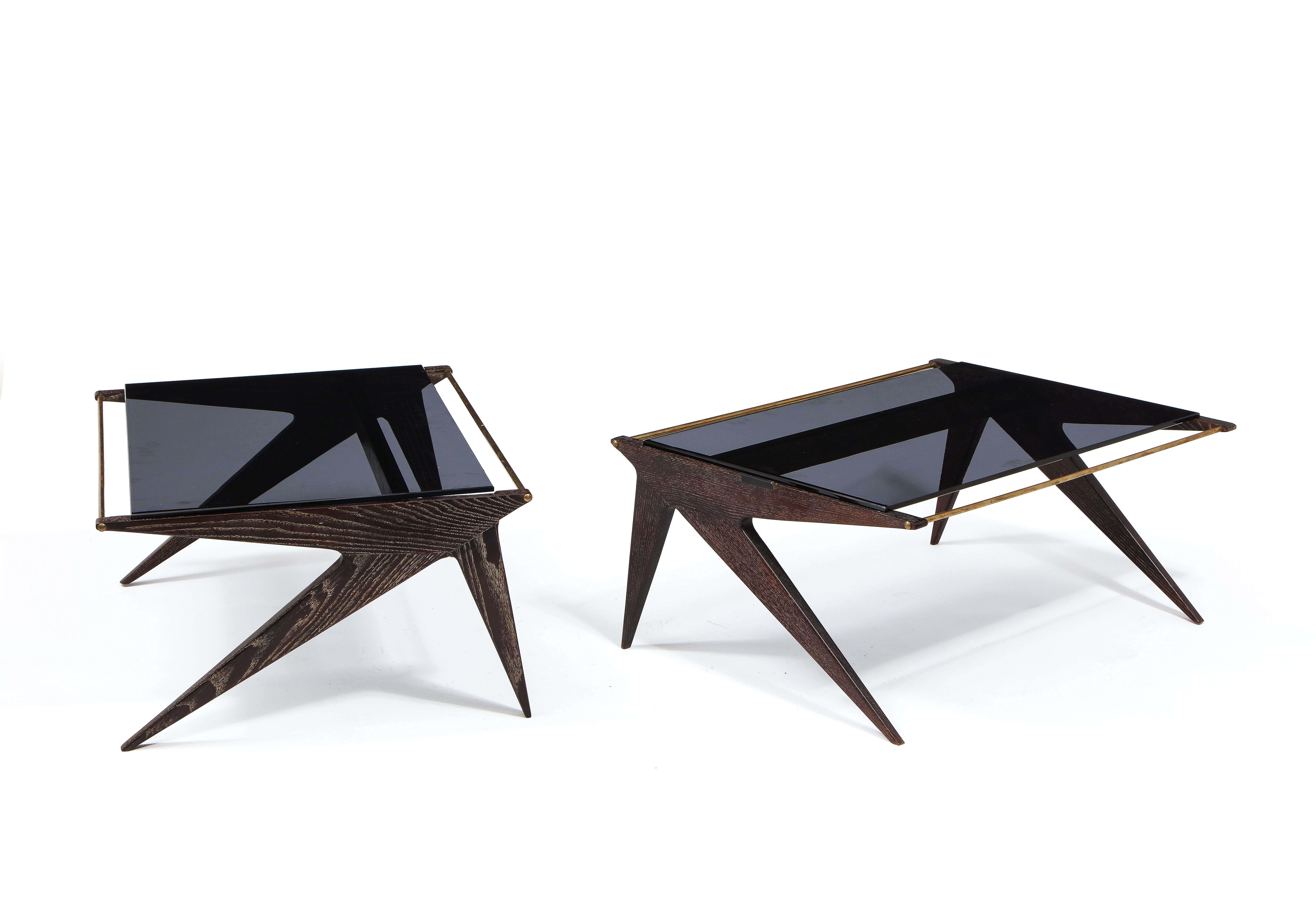 Louis Paolozzi Oak & Smoked Glass Angular Pair of Coffee Tables, France 1960's For Sale 1