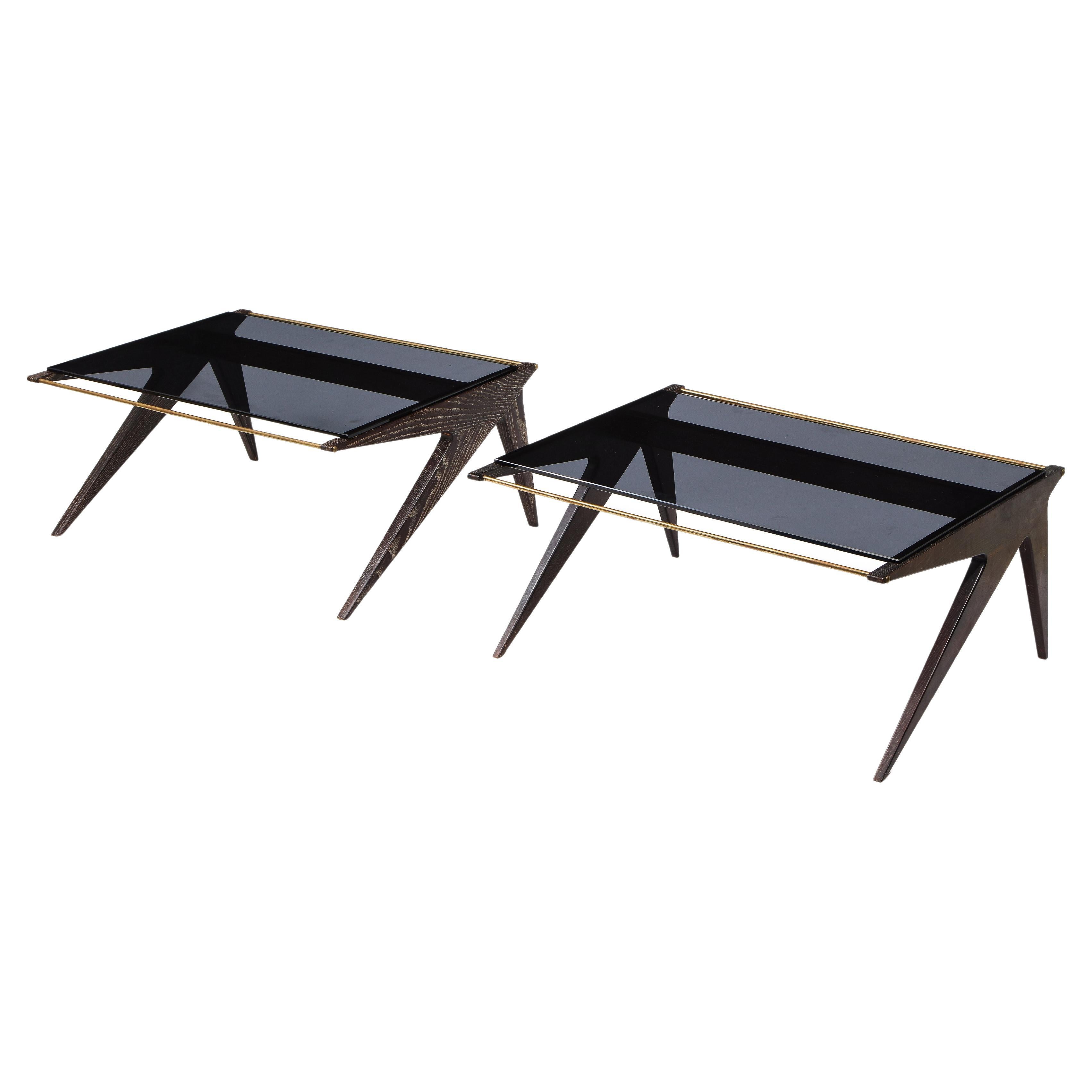 Louis Paolozzi Oak & Smoked Glass Angular Pair of Coffee Tables, France 1960's