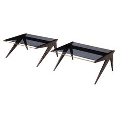 Louis Paolozzi Oak & Smoked Glass Angular Pair of Coffee Tables, France 1960's