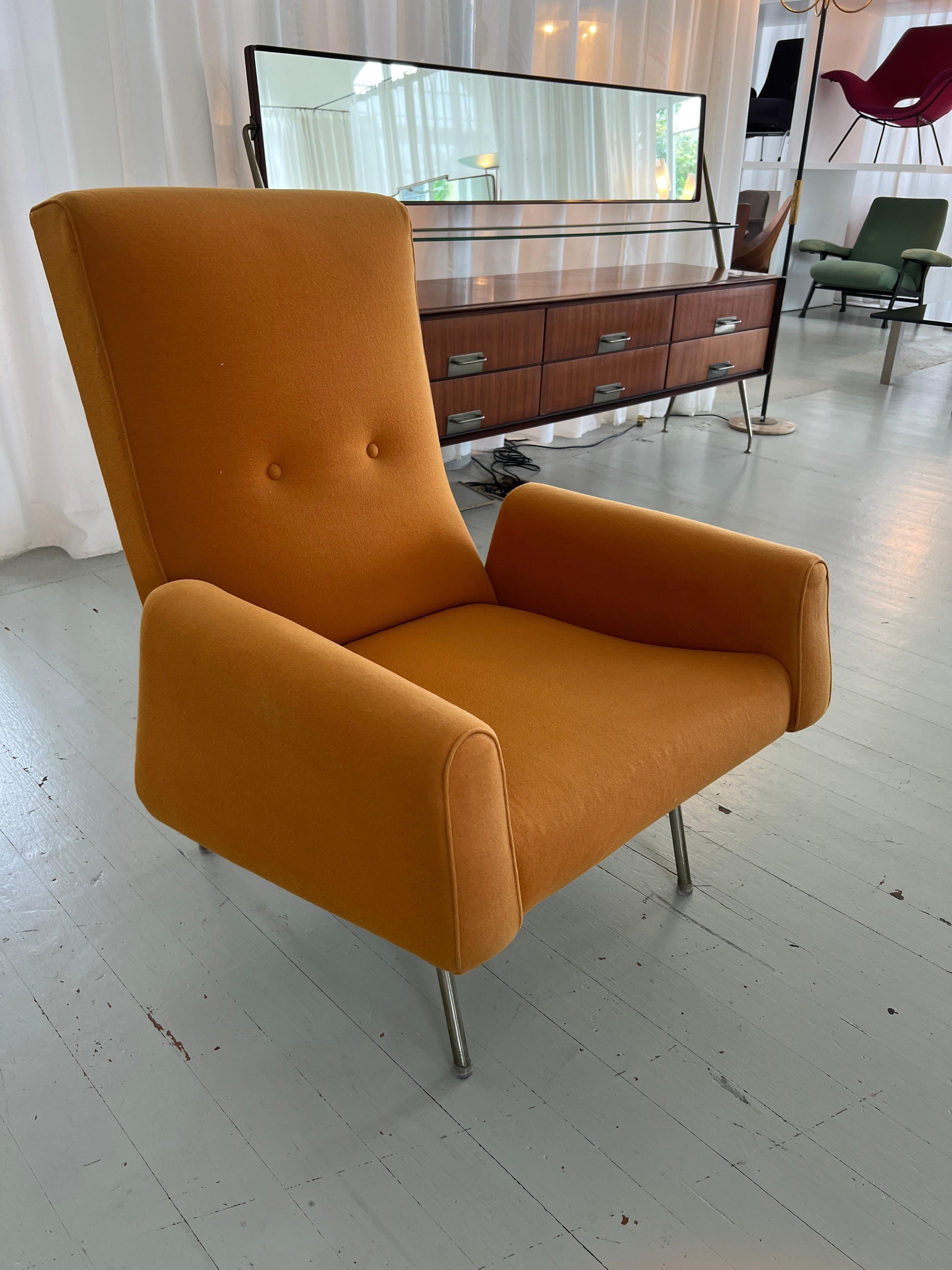 Brass Louis Paolozzi Orange Wool Armchair on Tubular Base, Manufactured by Zol, 1950s For Sale
