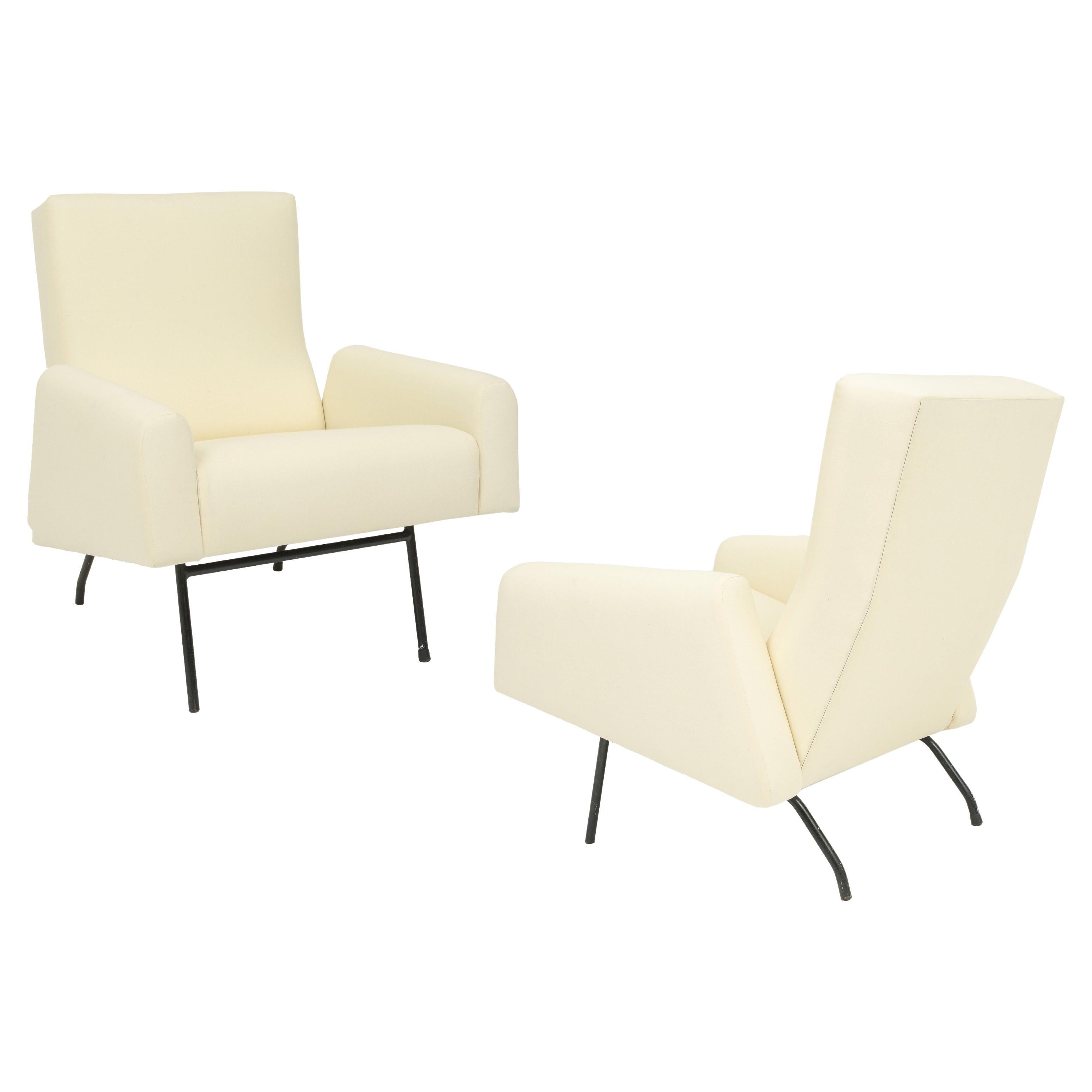 Louis Paolozzi White and Iron Pair Lounge Chairs, Mid Century France