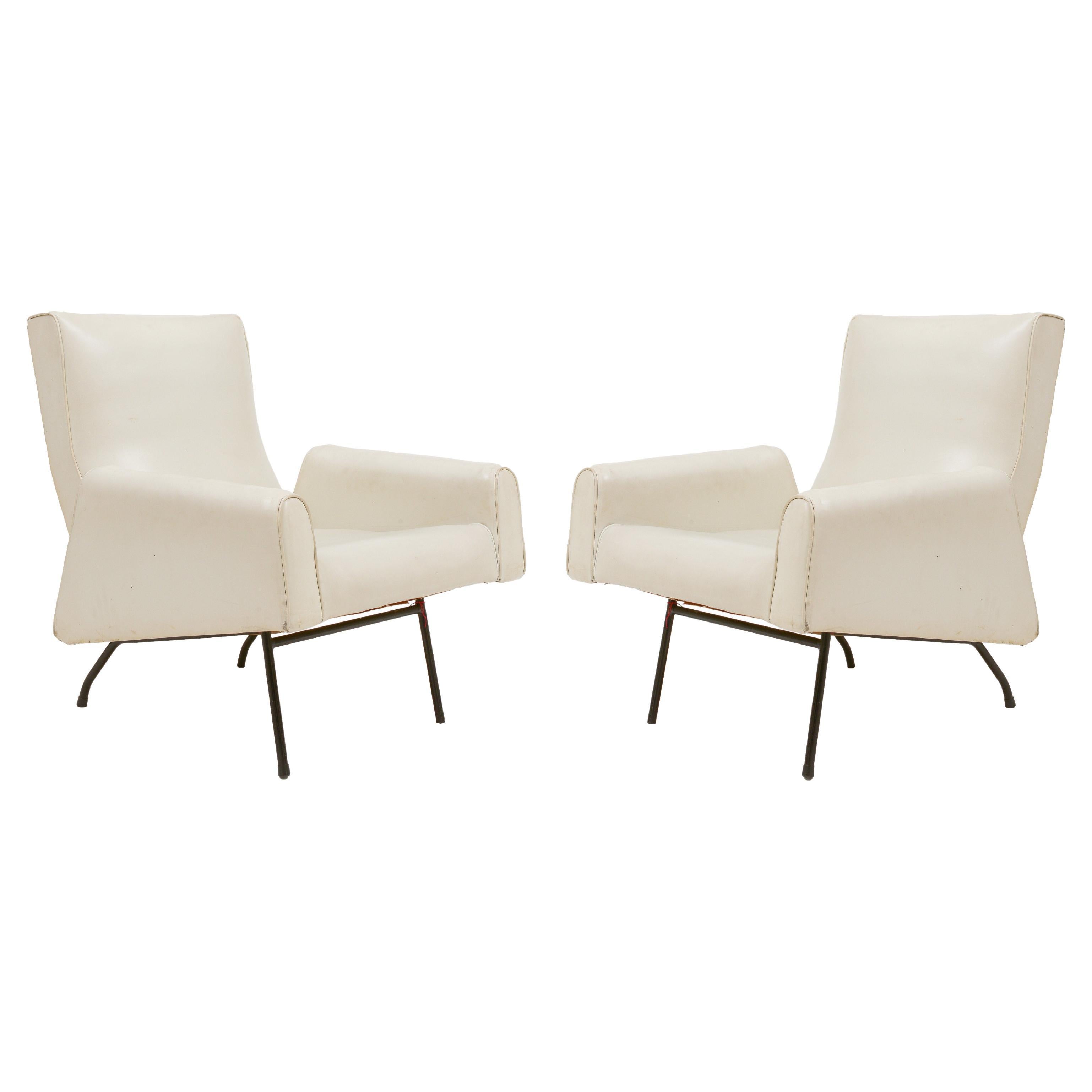 Louis Paolozzi White Faux Leather and Iron Lounge Chairs, Mid