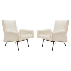 Louis Paolozzi White Faux Leather and Iron Lounge Chairs, Mid Century France