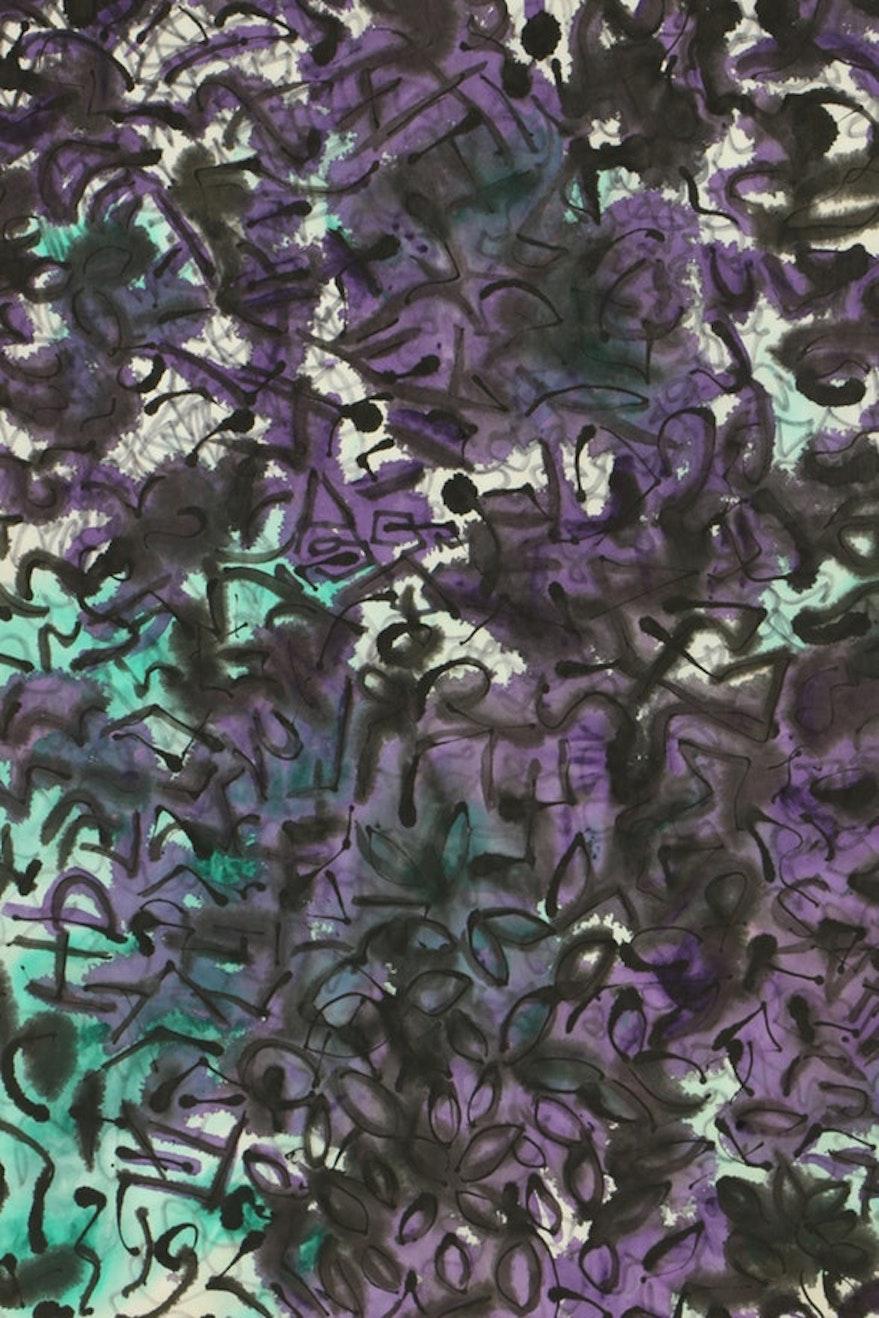 This abstract ink and watercolor on paper by Louis Papp features gorgeous hues of black, purple and turquoise along with thick black abstract markings. Unframed. 

Louis Papp (New York, 1930- 2012) was a New York artist and a member of the Arts