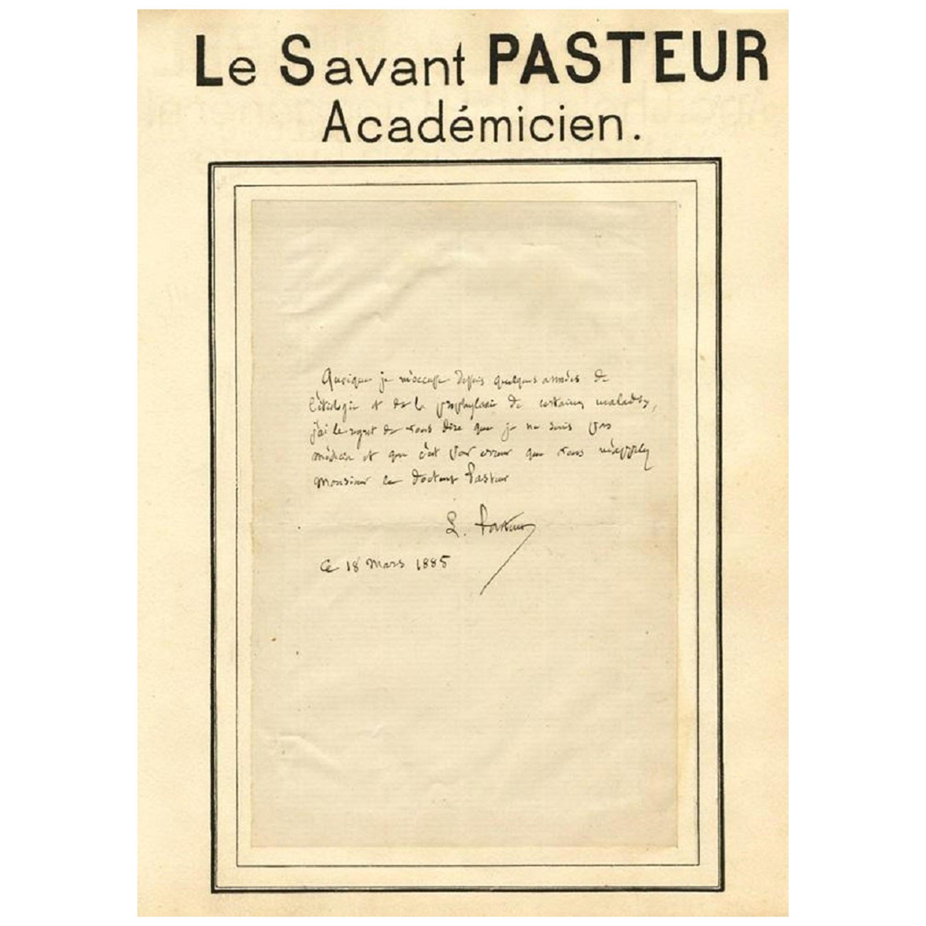 Louis Pasteur Antique 1885 Handwritten and Signed Letter