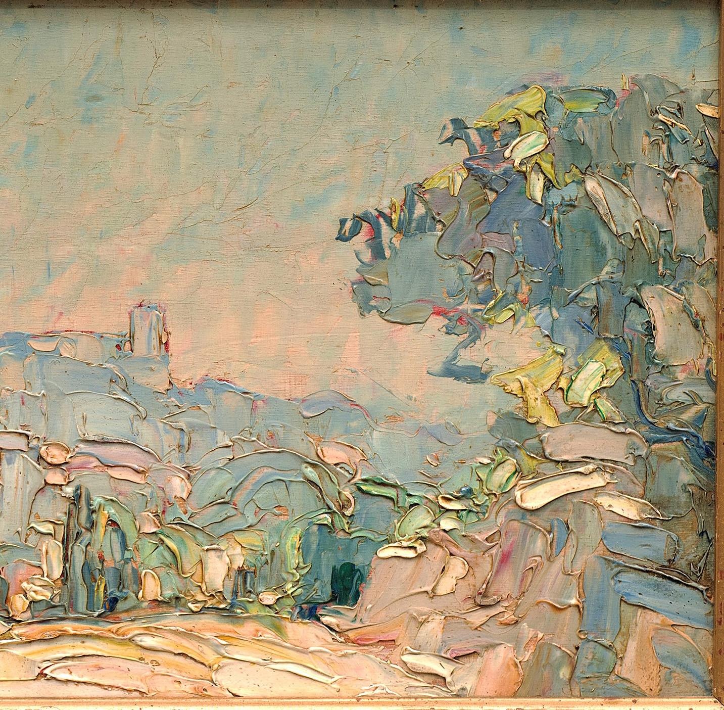 Utilizing a different, more muted palette of soft blues, greens, pink and yellow, makes this more contemplative piece extremely compelling. 

