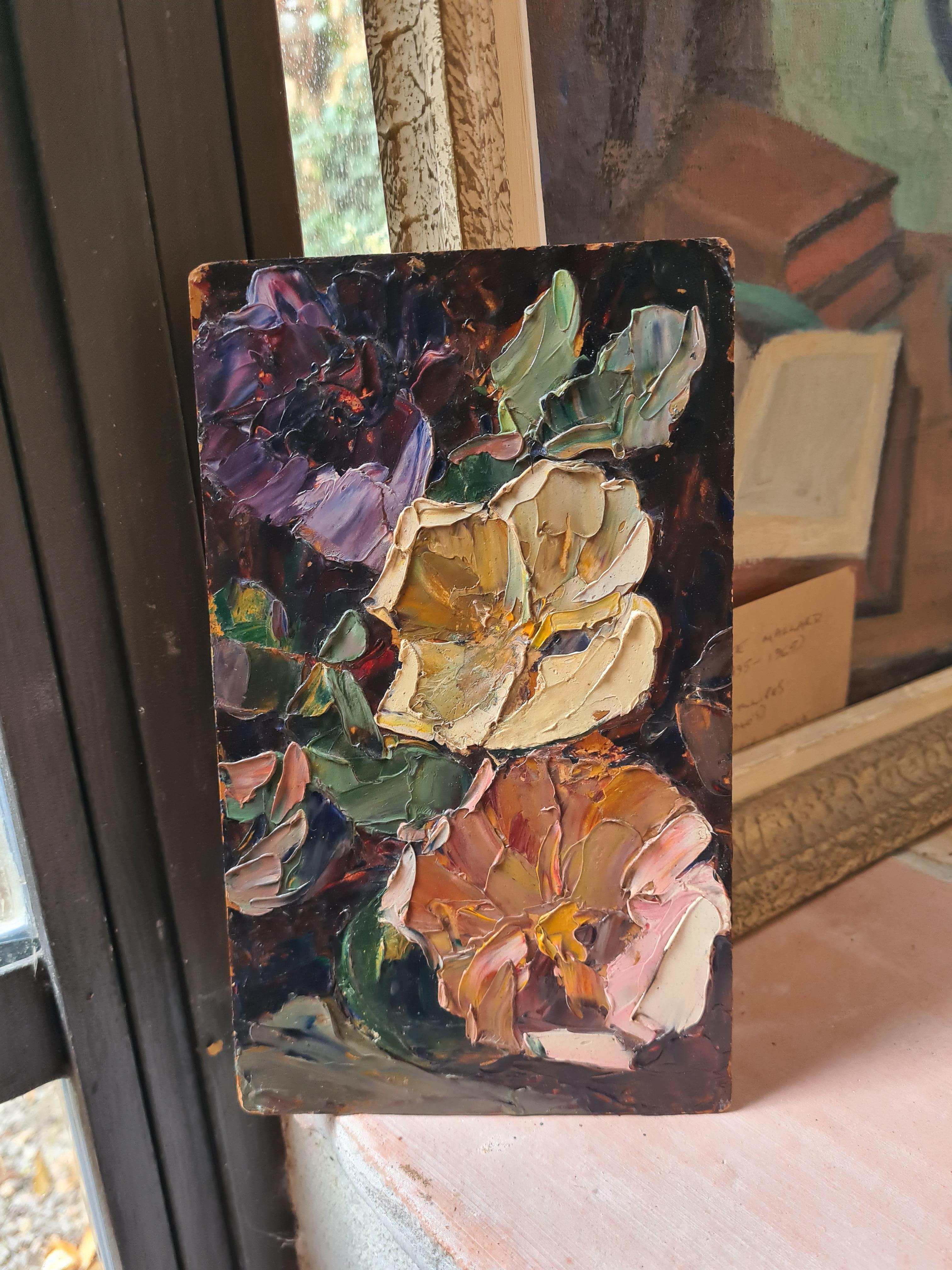 Olio su pannello post impressionista francese, Bouquet di zinnie - Painting Postimpressionismo di Louis Pastour