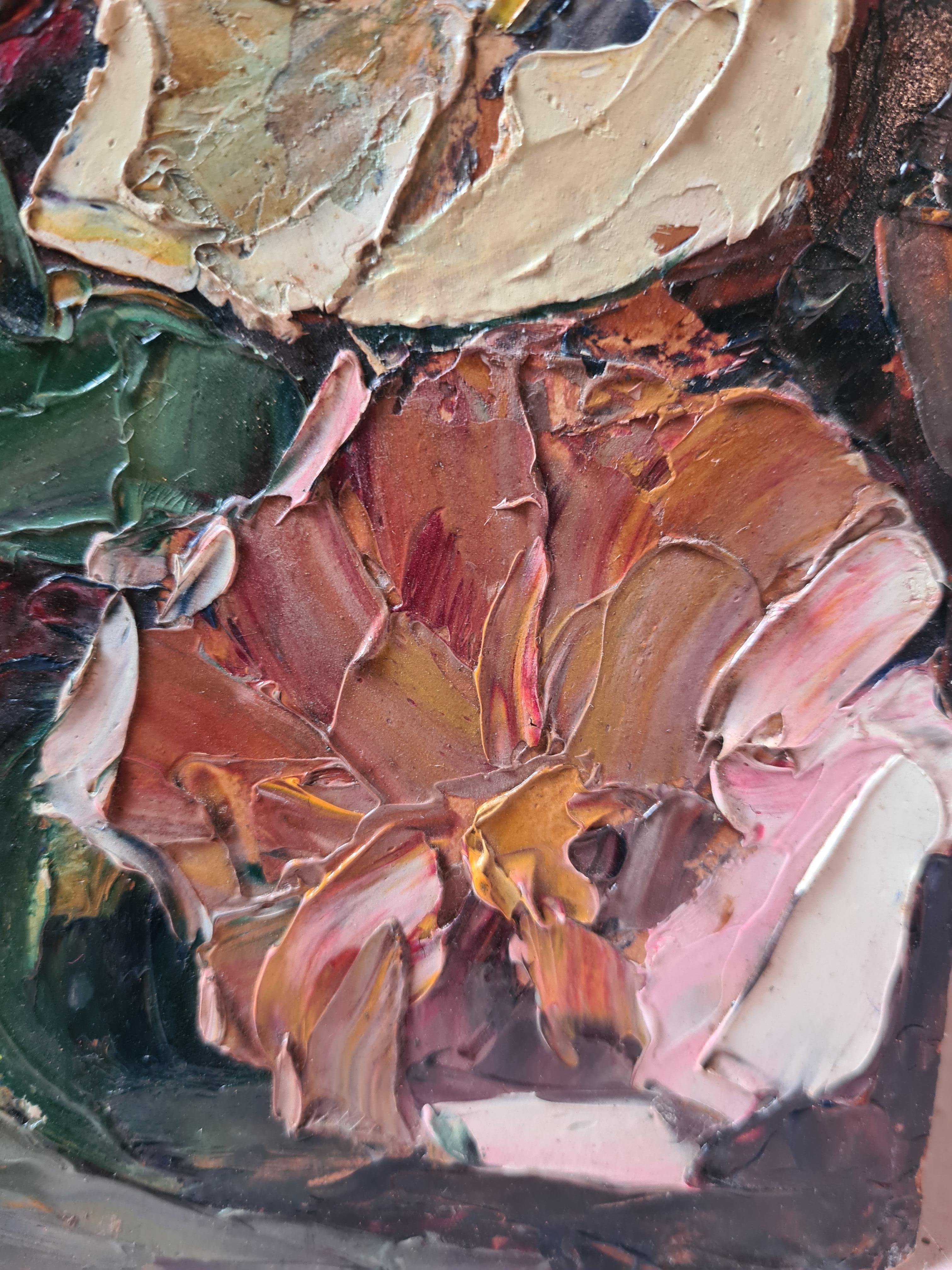 Olio su pannello post impressionista francese, Bouquet di zinnie - Interior Painting Marrone di Louis Pastour