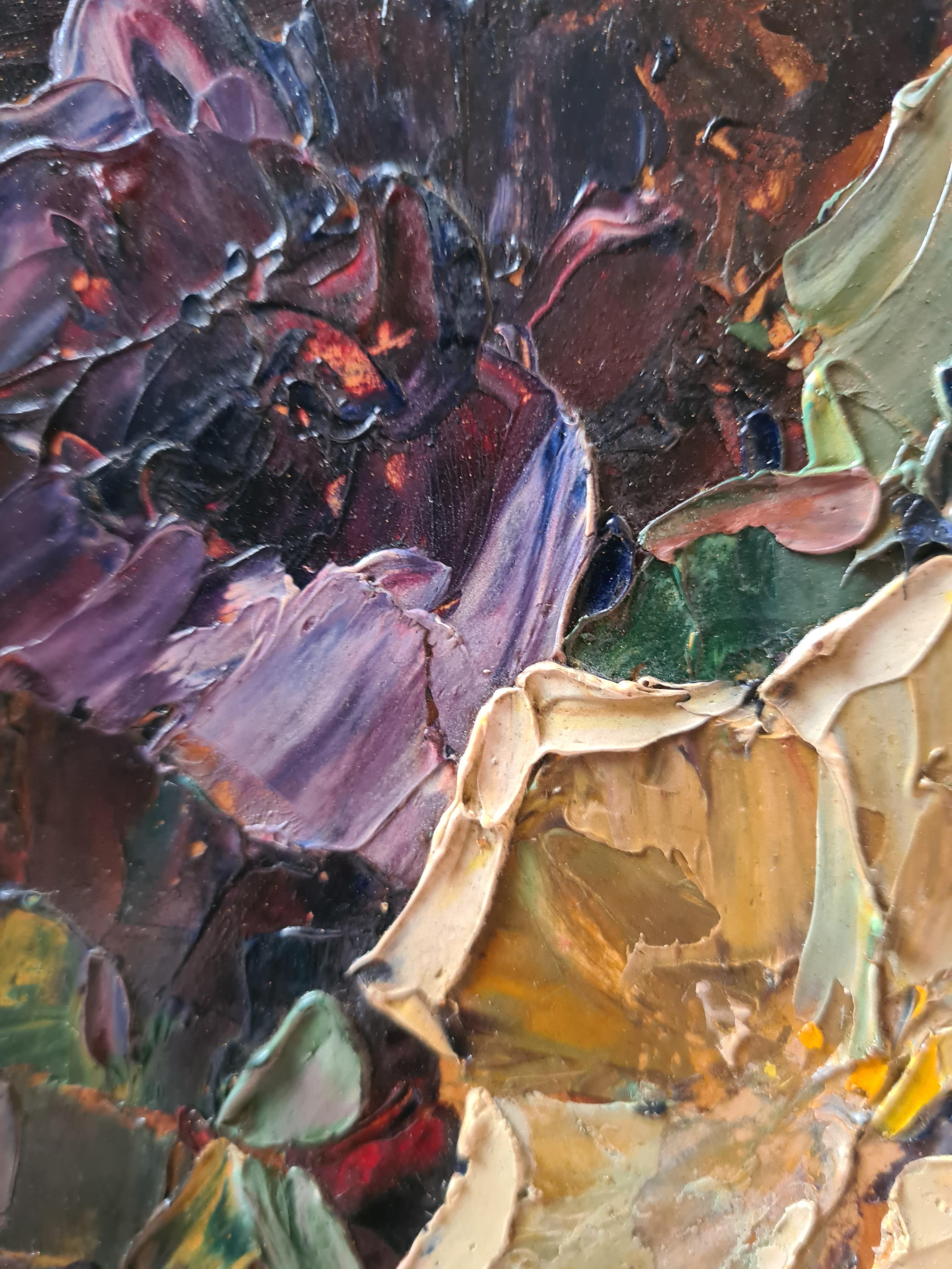 Olio su pannello post impressionista francese, Bouquet di zinnie 1