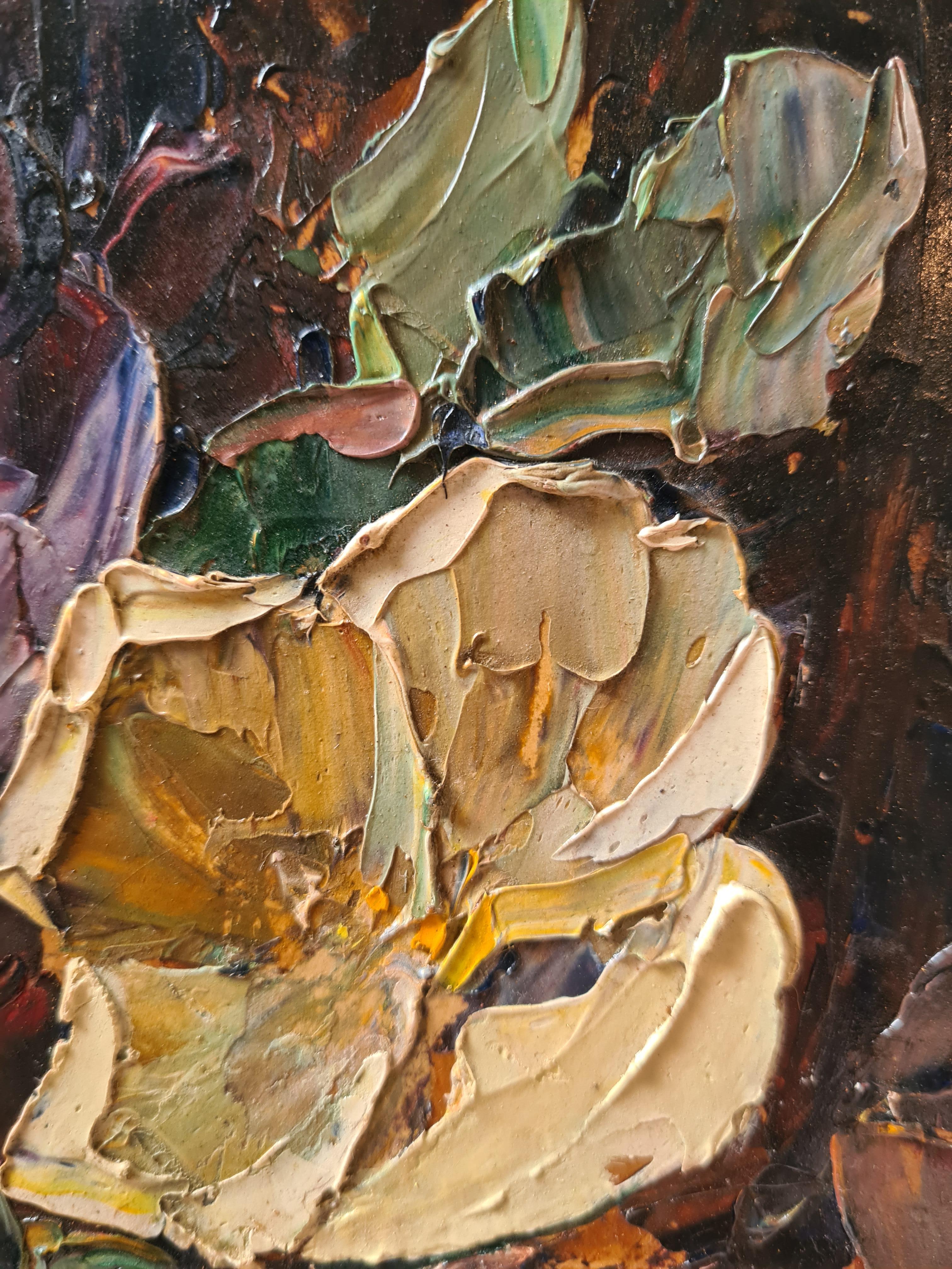 Olio su pannello post impressionista francese, Bouquet di zinnie 2