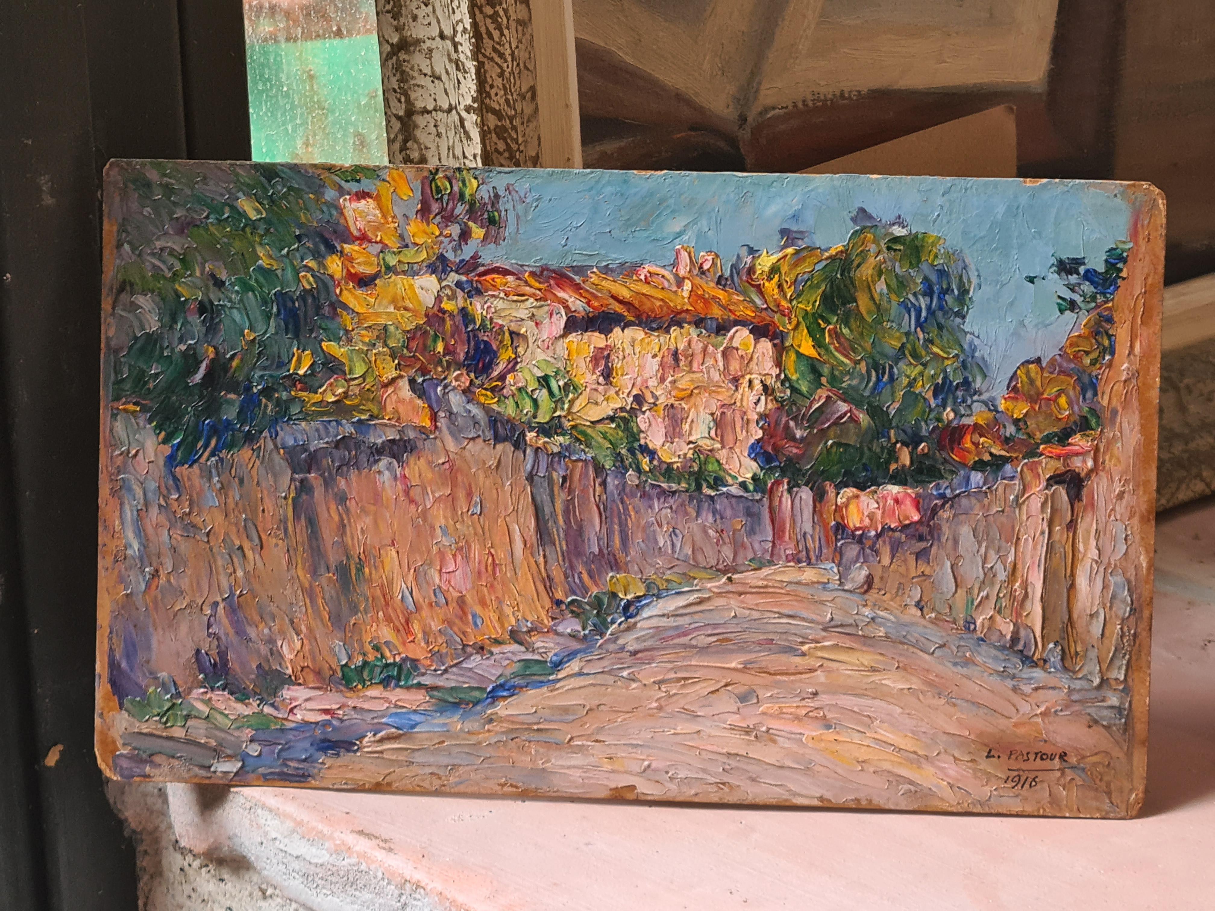 Olio su pannello post impressionista francese, Bouquet di zinnie 3