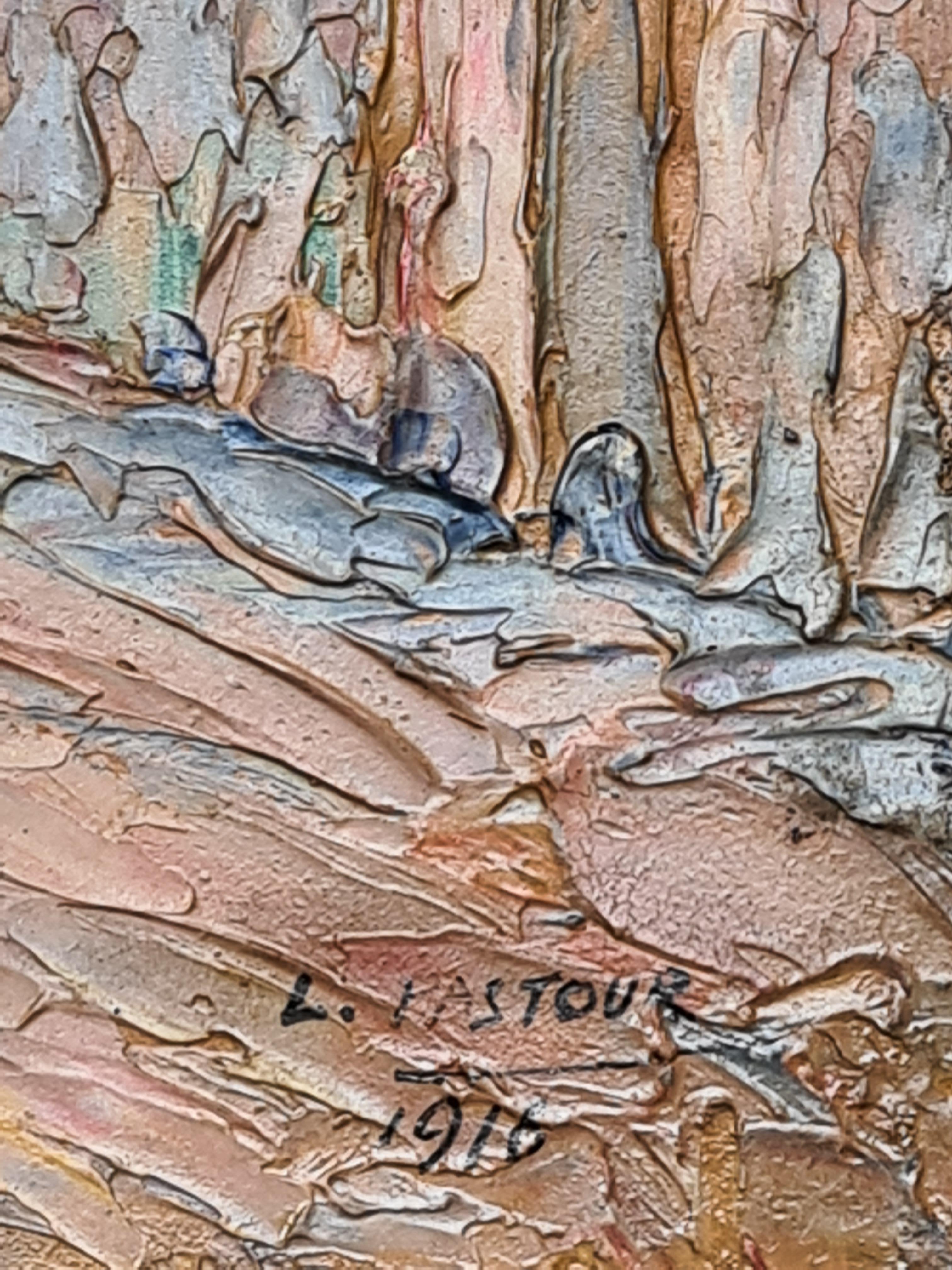 Post-impressionniste français, début du 20e siècle, huile sur panneau représentant une scène de rue par l'artiste Louis Pastour. Le tableau est signé et daté en bas à droite. Le panneau est peint recto verso, la vue du fond est un bouquet de zinnias