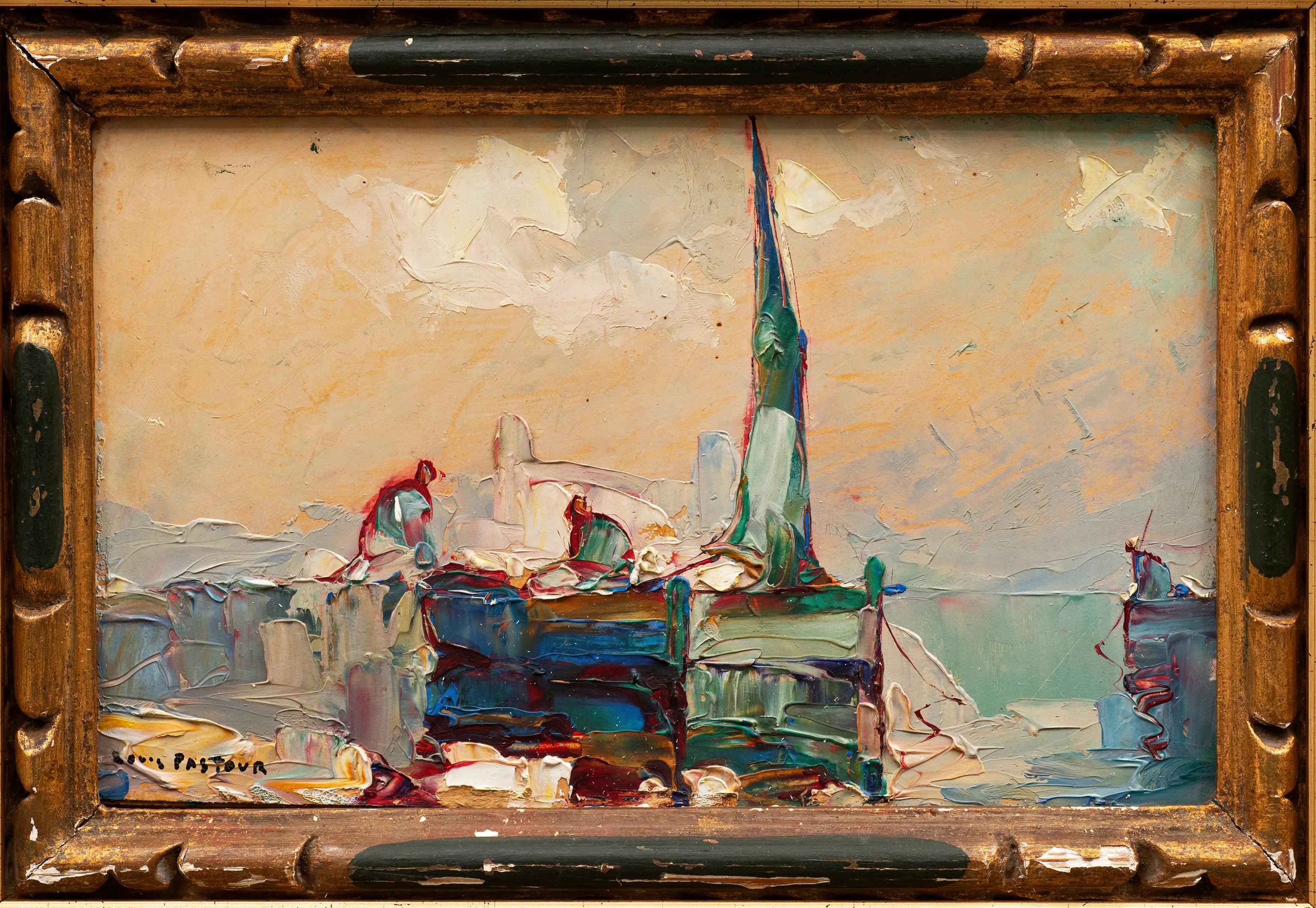 "Trois Pêcheurs" 
Louis Pastour (Frankreich, 1876-1948)
Öl auf Karton
Gezeichnet I.L.A.
7 7/8 x 4 7/8 (Rahmen 8 1/8 x 11 1/8) Zoll

Louis Pastour wurde wegen seiner farbenfrohen und leuchtenden Farbpalette "Der Maler der Sonne" (Le Peintre du