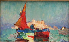 Vintage Marine Painting "Voile Rouge" Louis Pastour (France, 1876-1948)