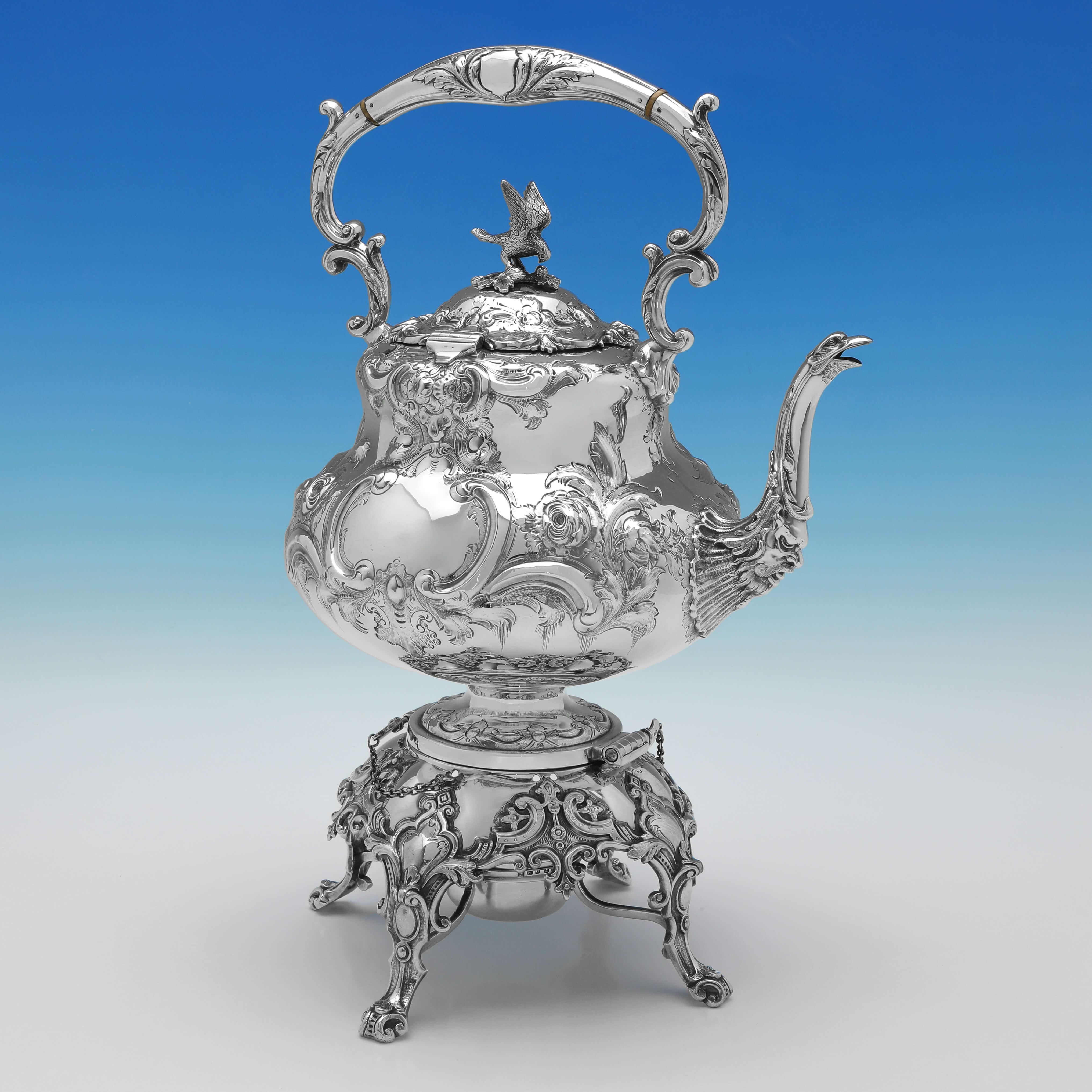Hallmarked in Sheffield in 1881 by Martin, Hall & Co., this very attractive, Antique Sterling Silver Kettle, is in the sought after 'Louis' pattern. 

The kettle measures 17