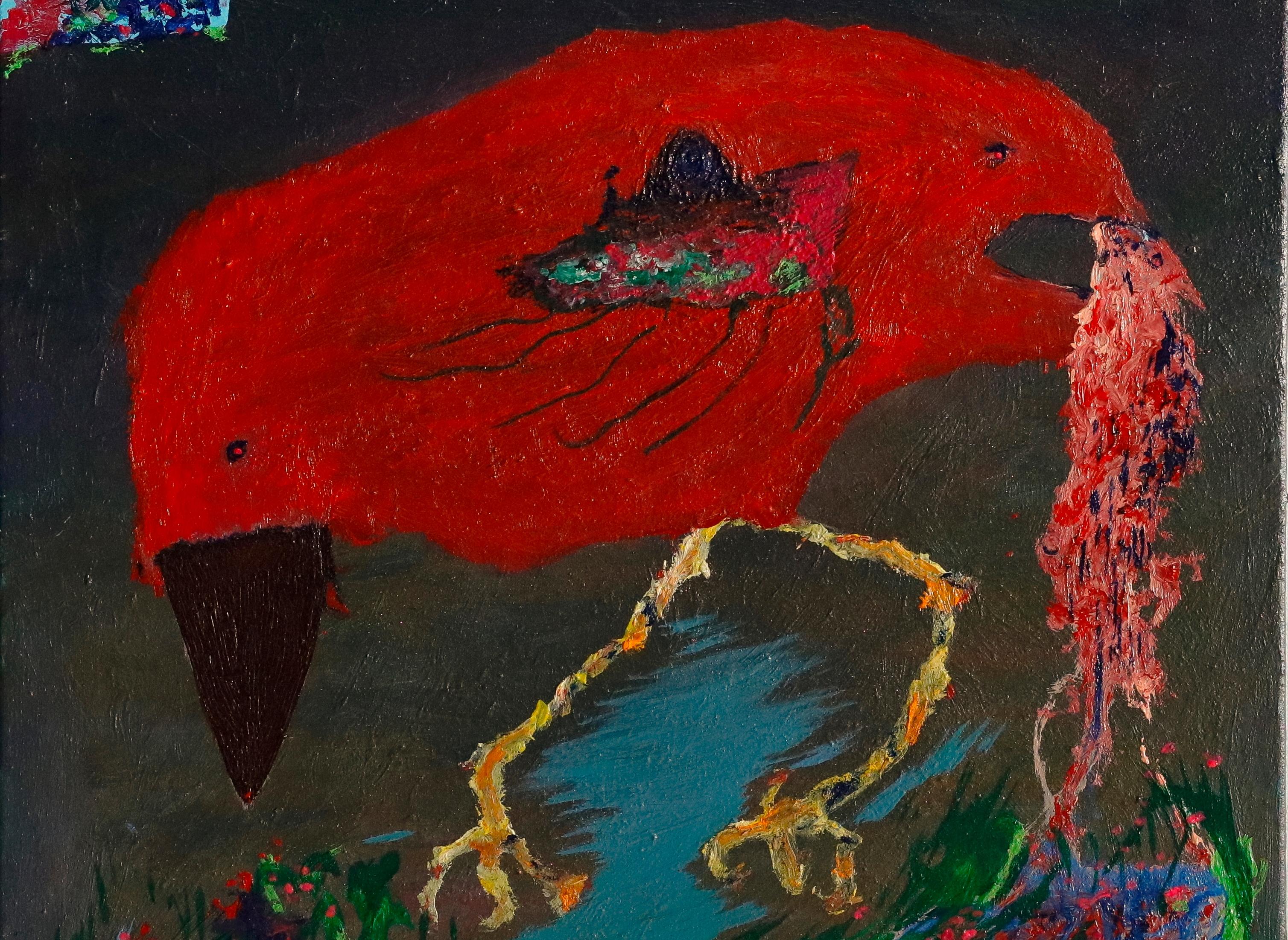 Recycle it Louis-Paul Ordonneau Contemporary painting art bird red landscape For Sale 2