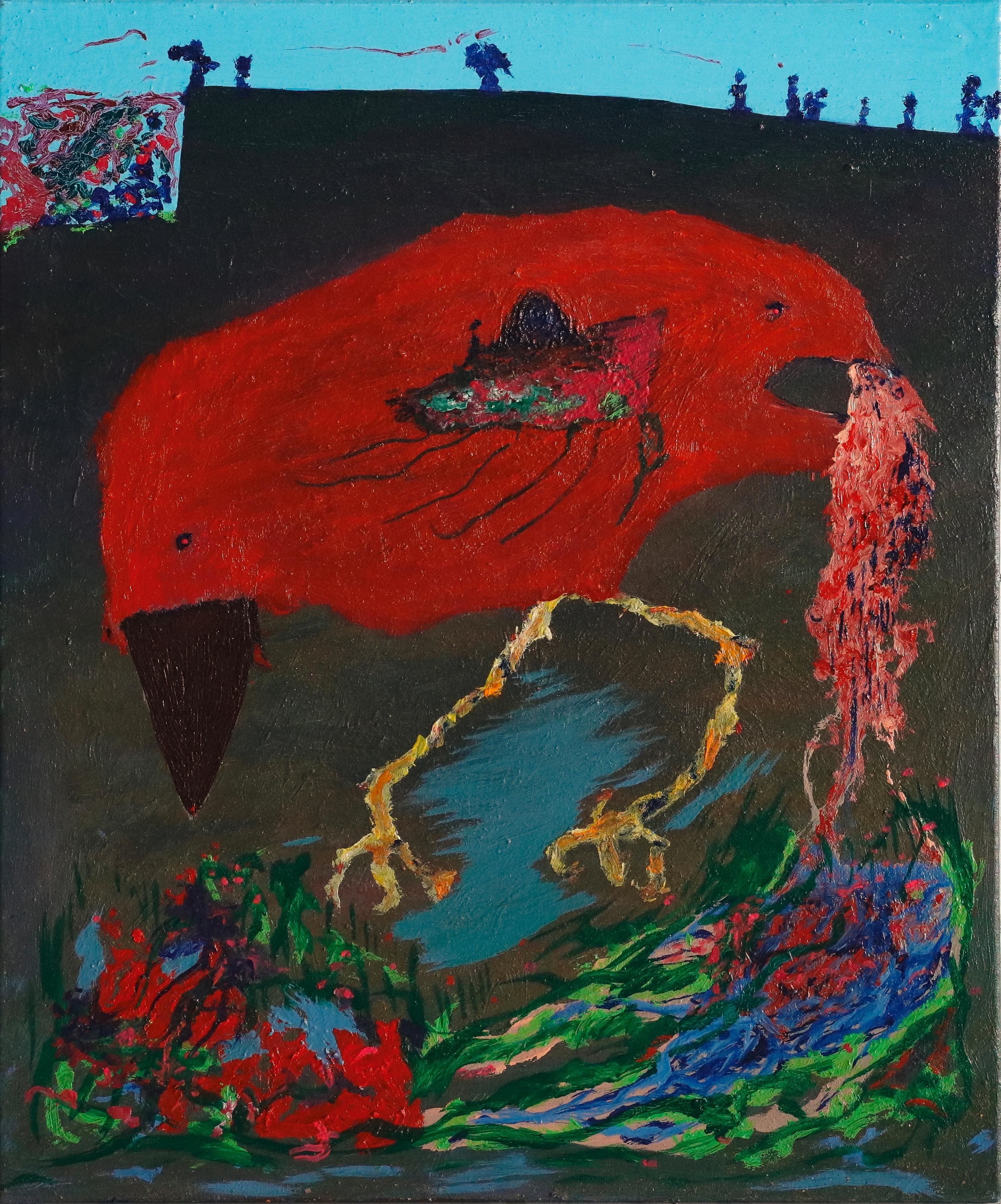 Recyclage de la peinture d'art contemporaine Louis-Paul Ordonneau - Paysage rouge oiseau