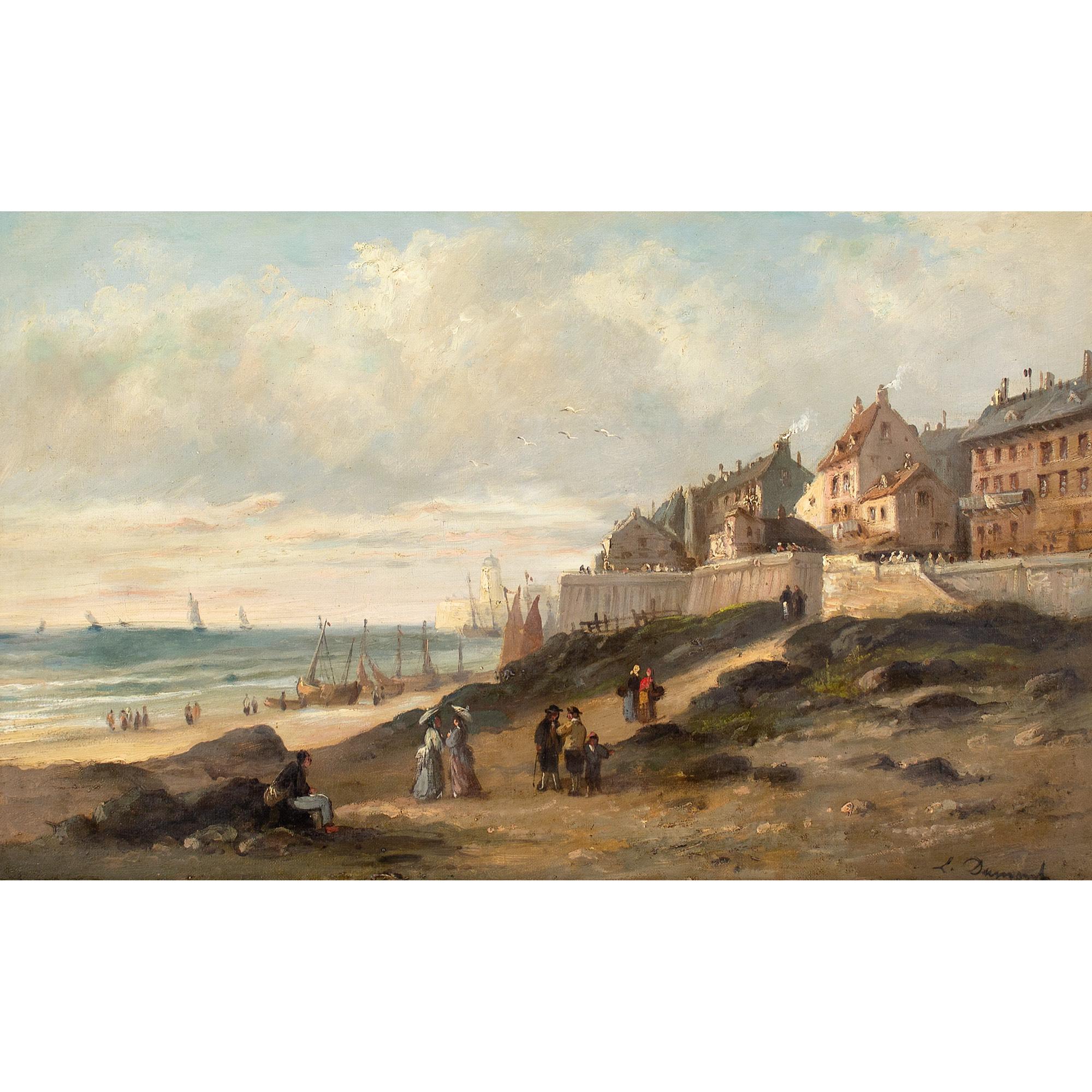 This mid-19th-century oil painting by French artist Louis Paul Pierre Dumont (1822-1885) depicts a coastal view with distant boats, figures and buildings. It’s reminiscent of Normandy.

The tempestuous sea, where full-rigged ships battle the