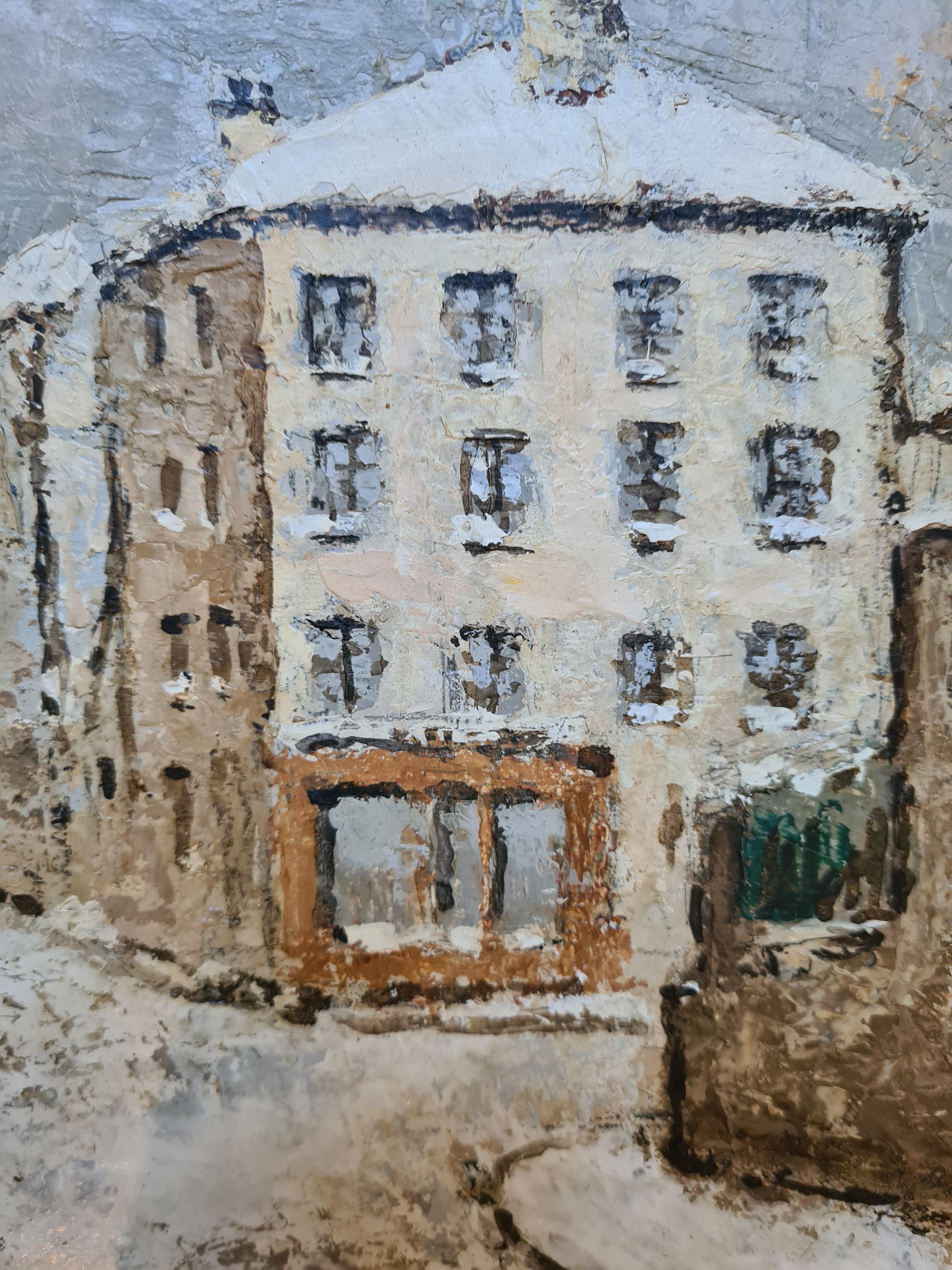 Parigi sotto la neve, veduta post impressionista di Rue Norvins, Montmartre in vendita 6