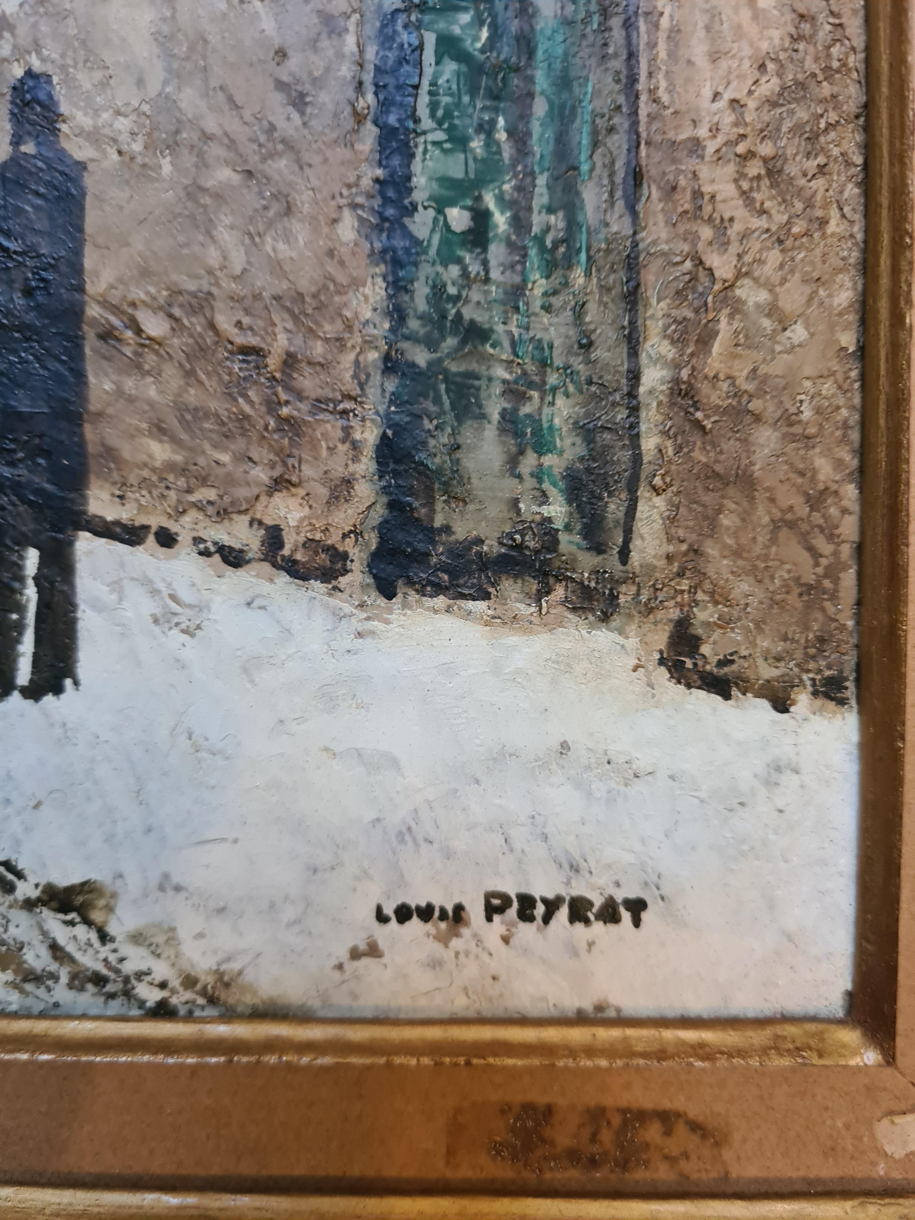 Parigi sotto la neve, veduta post impressionista di Rue Norvins, Montmartre - Painting Postimpressionismo di Louis Peyrat