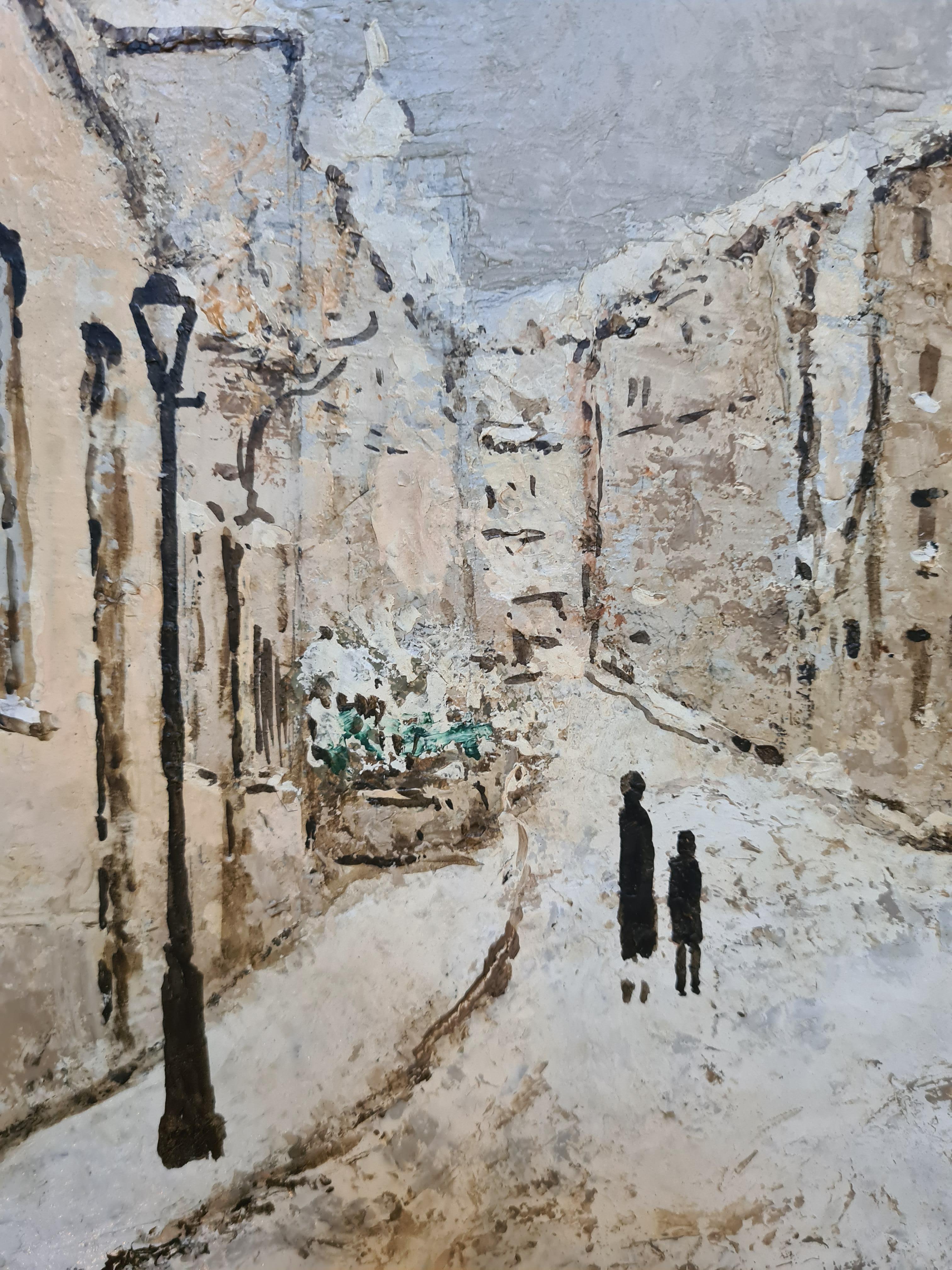 Parigi sotto la neve, veduta post impressionista di Rue Norvins, Montmartre - Figurative Painting Grigio di Louis Peyrat