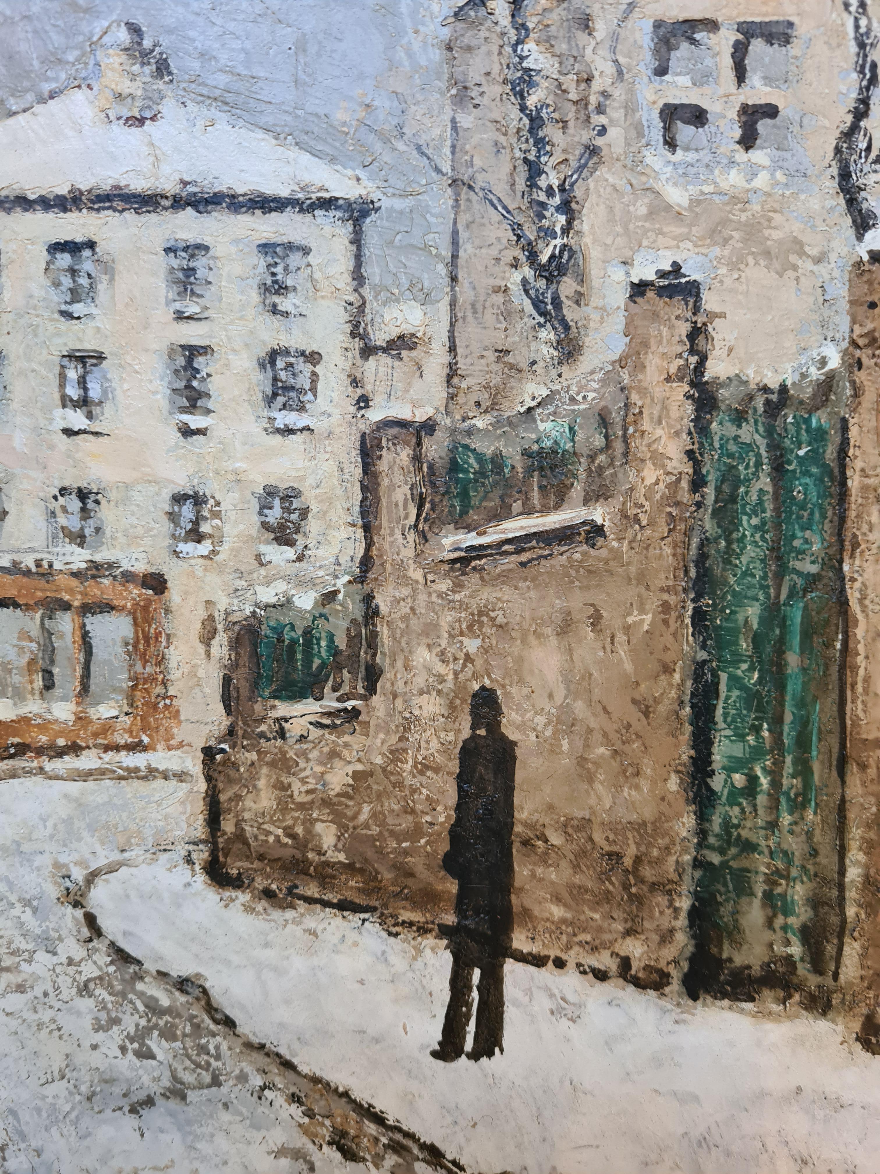 Veduta post impressionista di metà secolo di Montmartre, Parigi sotto la neve, olio su tavola di Louis Peyrat. Il dipinto è firmato in basso a destra ed è presentato in una cornice personalizzata e affilata.

Questo affascinante dipinto d'atmosfera