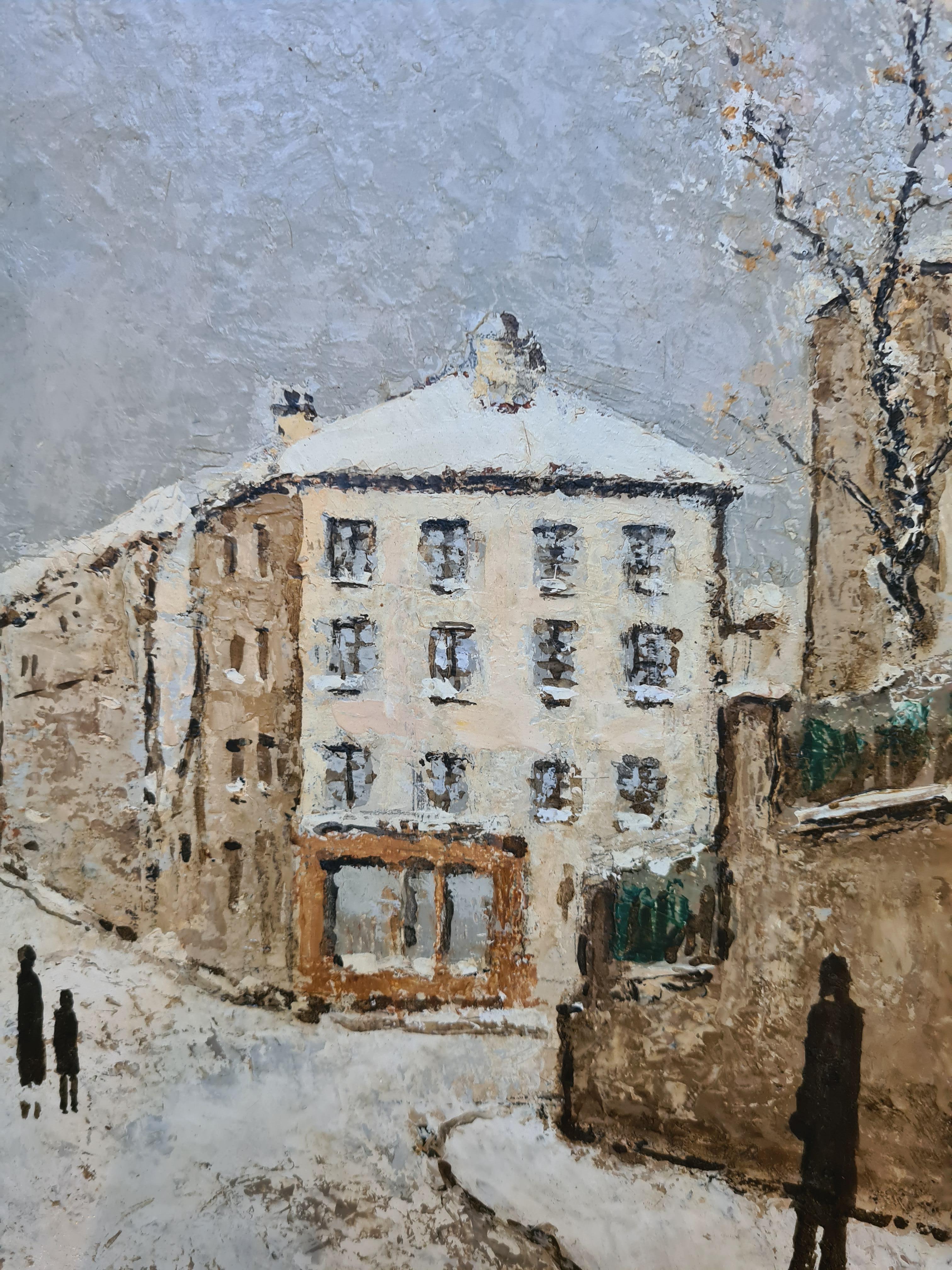 Parigi sotto la neve, veduta post impressionista di Rue Norvins, Montmartre in vendita 1