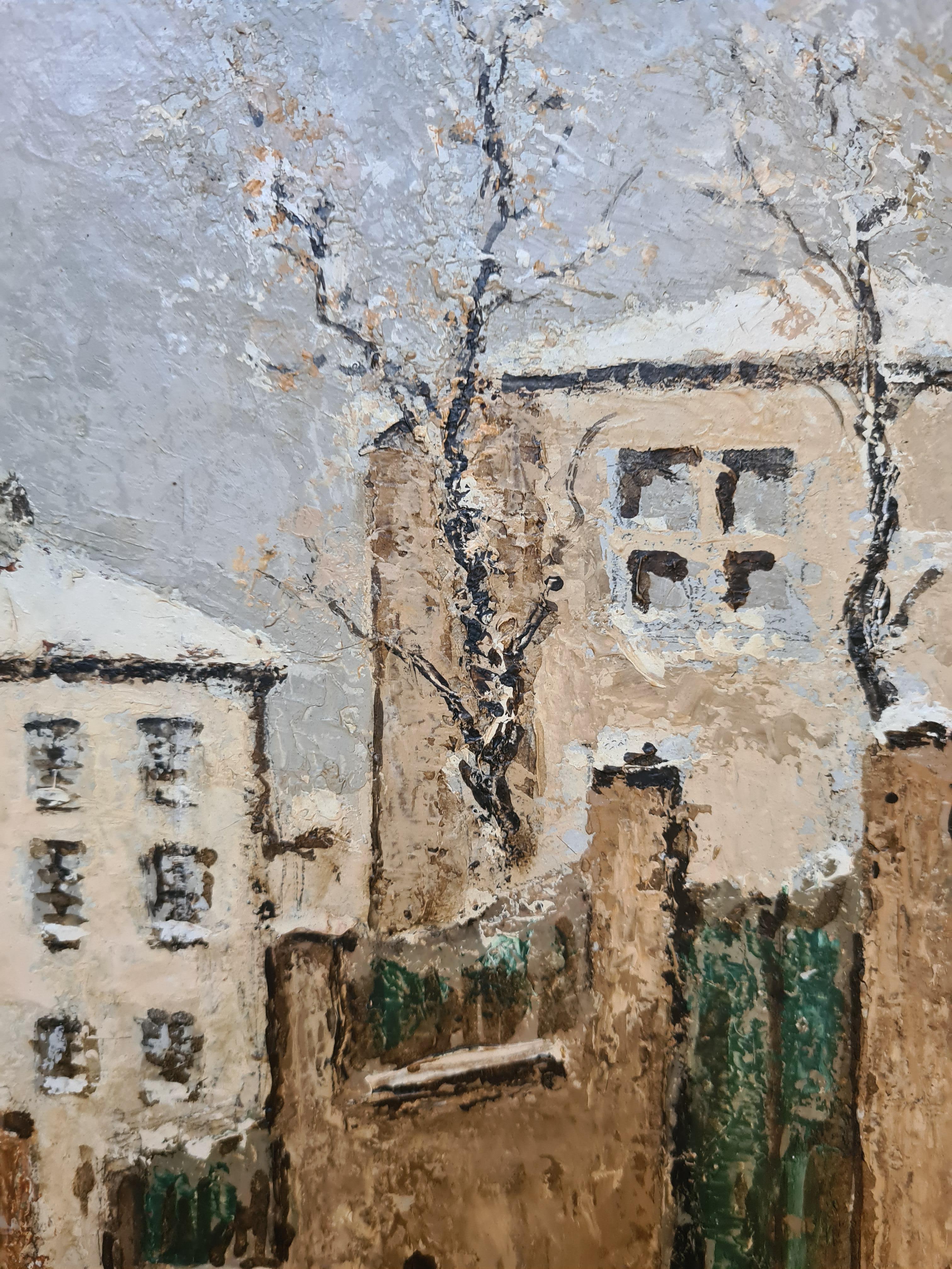 Parigi sotto la neve, veduta post impressionista di Rue Norvins, Montmartre in vendita 2