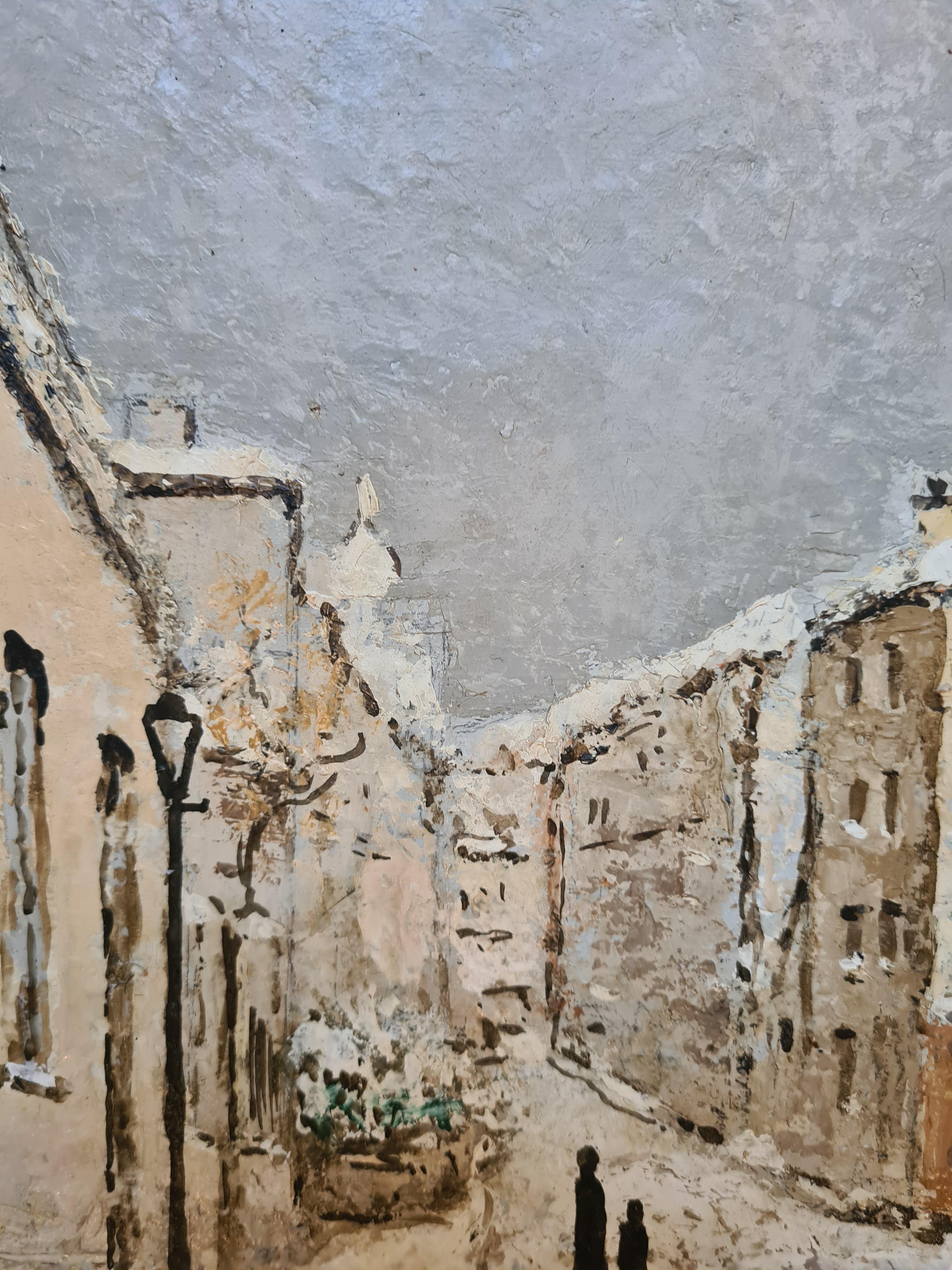 Parigi sotto la neve, veduta post impressionista di Rue Norvins, Montmartre in vendita 3