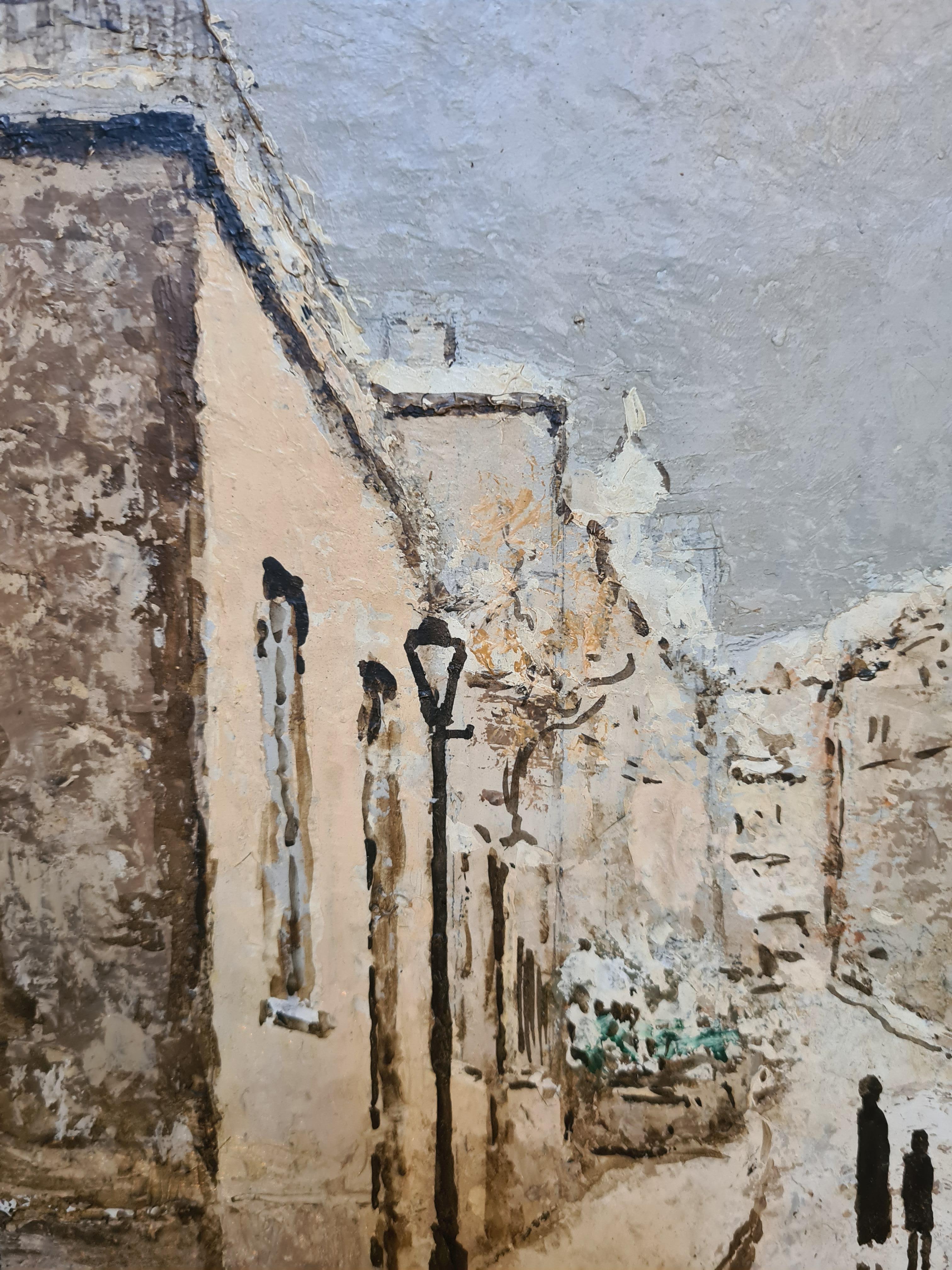 Parigi sotto la neve, veduta post impressionista di Rue Norvins, Montmartre in vendita 4
