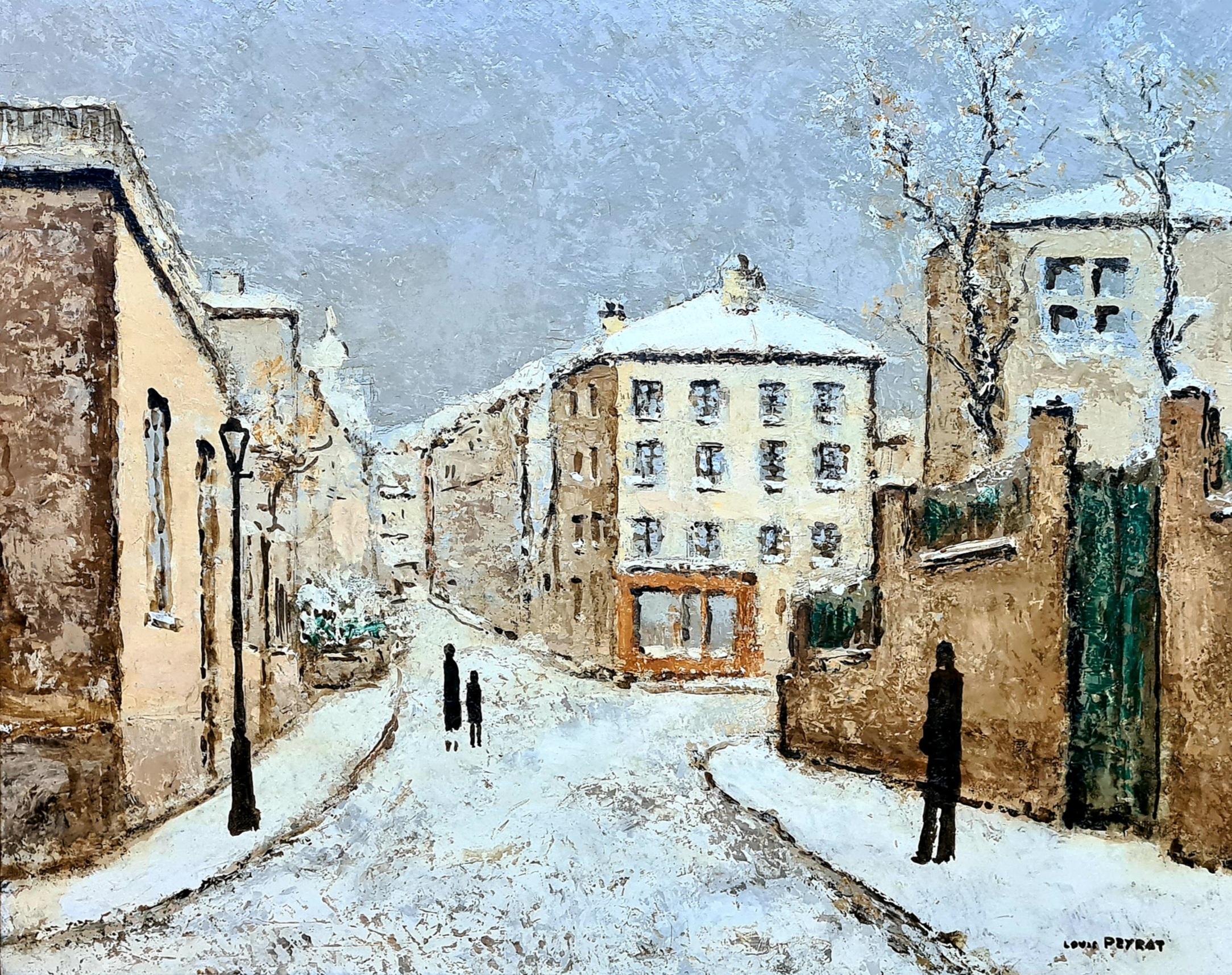 Figurative Painting di Louis Peyrat - Parigi sotto la neve, veduta post impressionista di Rue Norvins, Montmartre