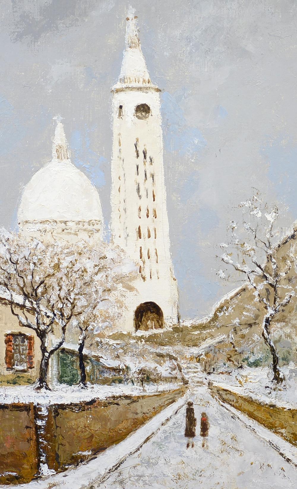 Sacré Coeur, Montmartre, París, Francia, Paisaje urbano de invierno - Painting Impresionista de Louis Peyrat