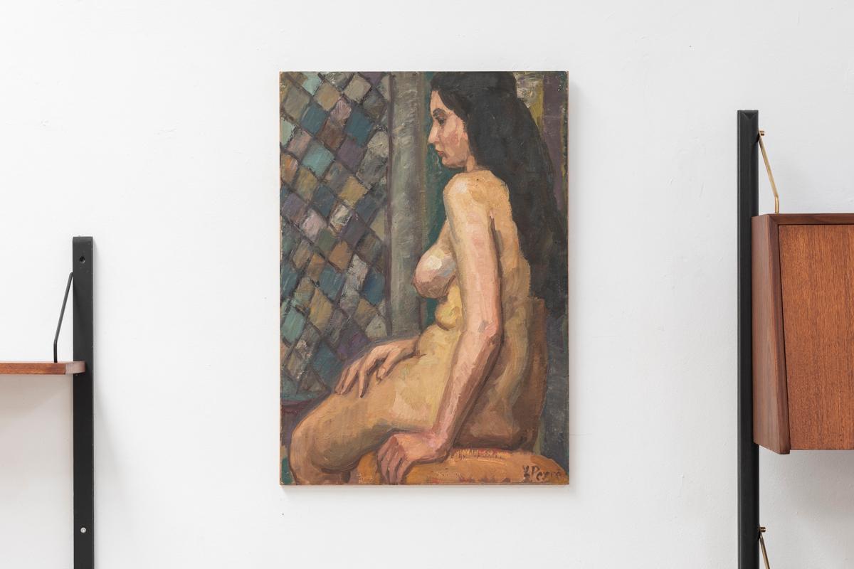 Nude painting painted by Louis Peyré (1923 – 2012) in France in 1980. This artwork shows a body study of a naked woman sitting in front of a coloured glass window. Acrylics on wooden hardboard. The unframed work is in good condition. A few dots of