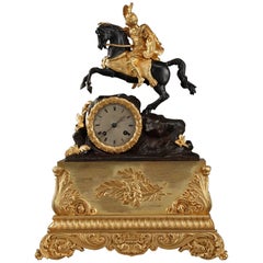 Horloge ancienne Louis-Philippe en bronze avec statuette équestre