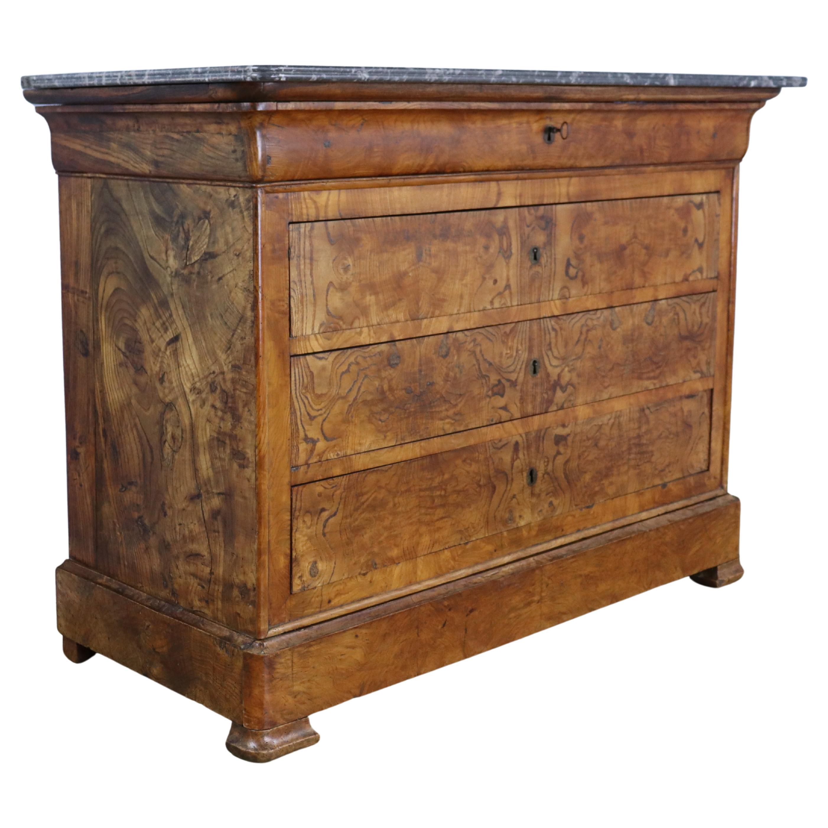 Louis Philippe Ash Commode with Gray Marble Top For Sale