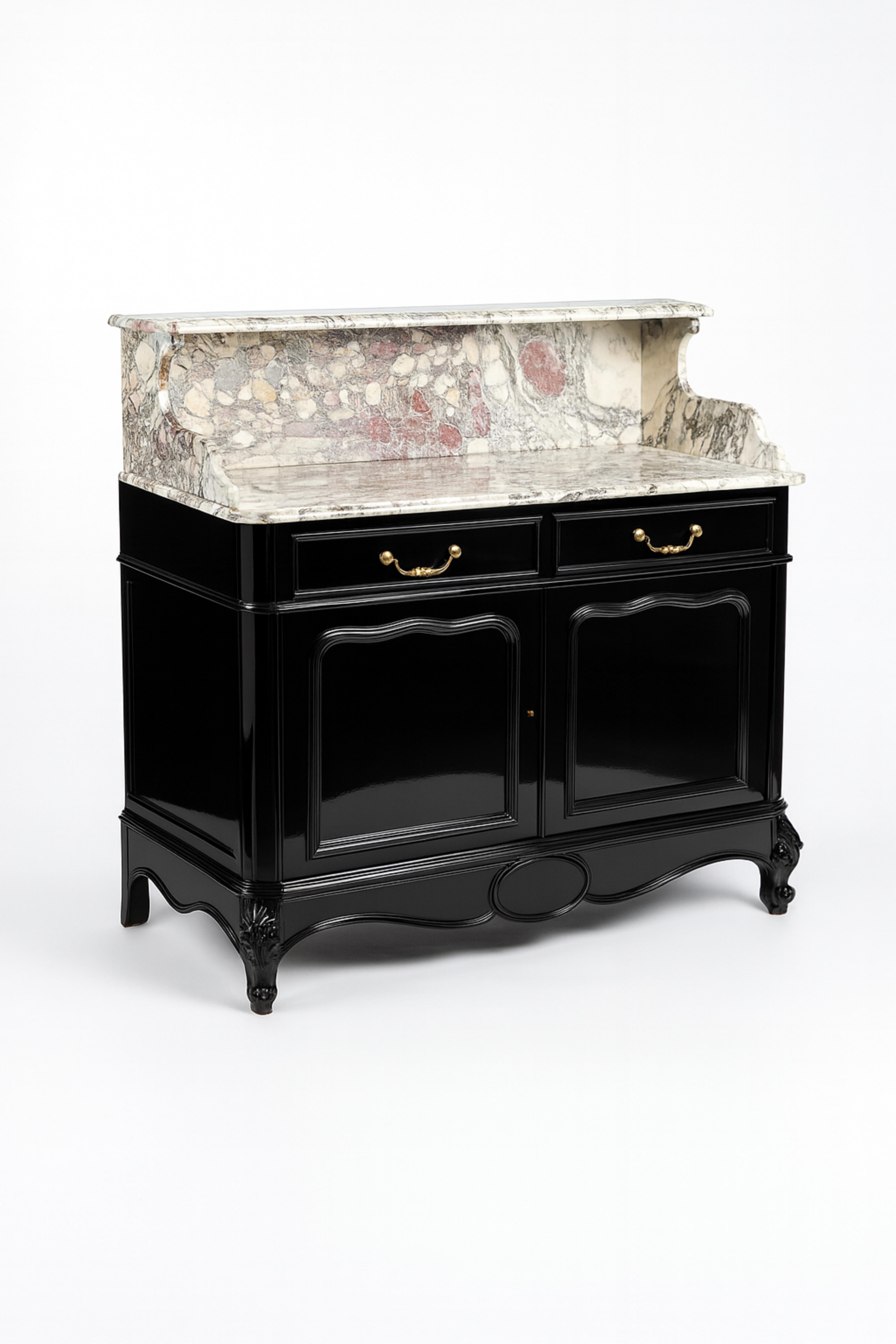 Francese Credenza Buffet Louis Philippe in lacca nera con piano in marmo, XIX secolo in vendita